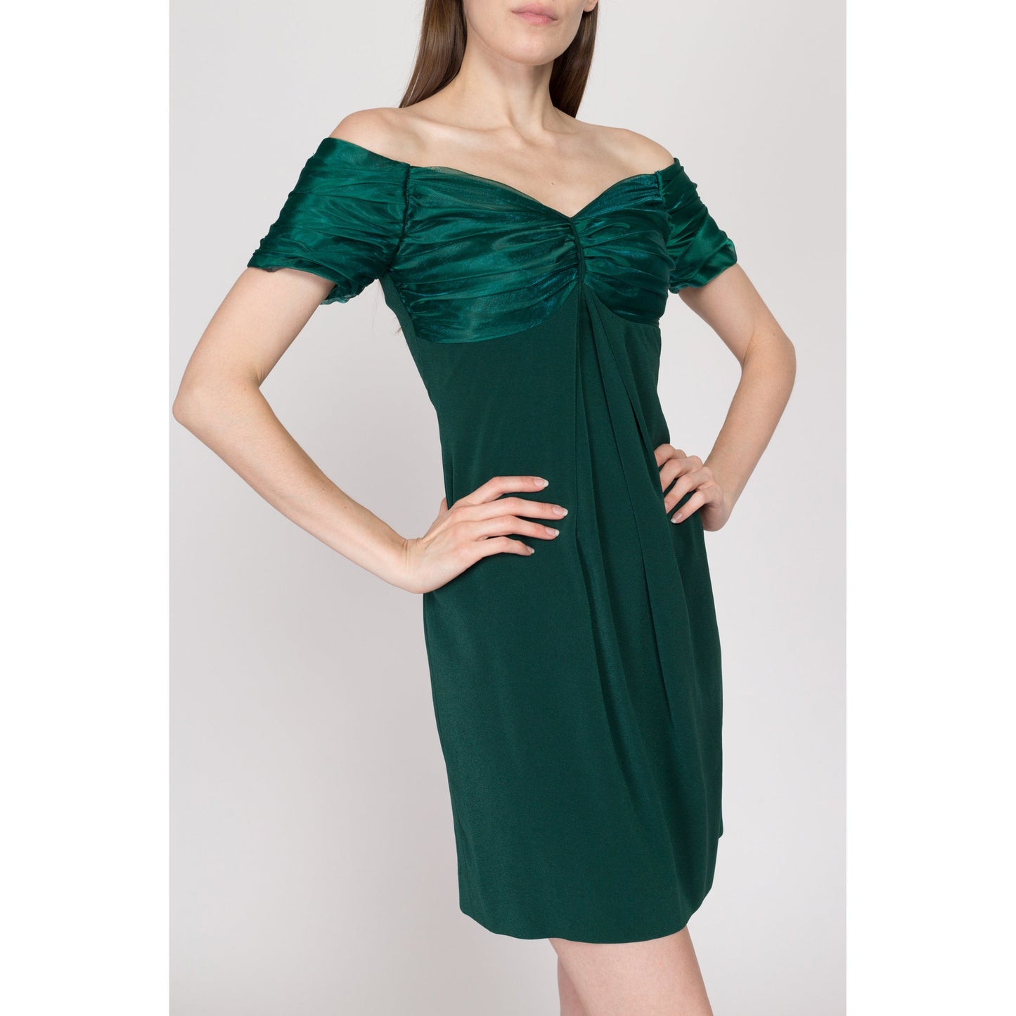 XS 90s Emerald Green Off-Shoulder Party Dress | Vintage Janell Berté Formal Mini Cocktail Dress