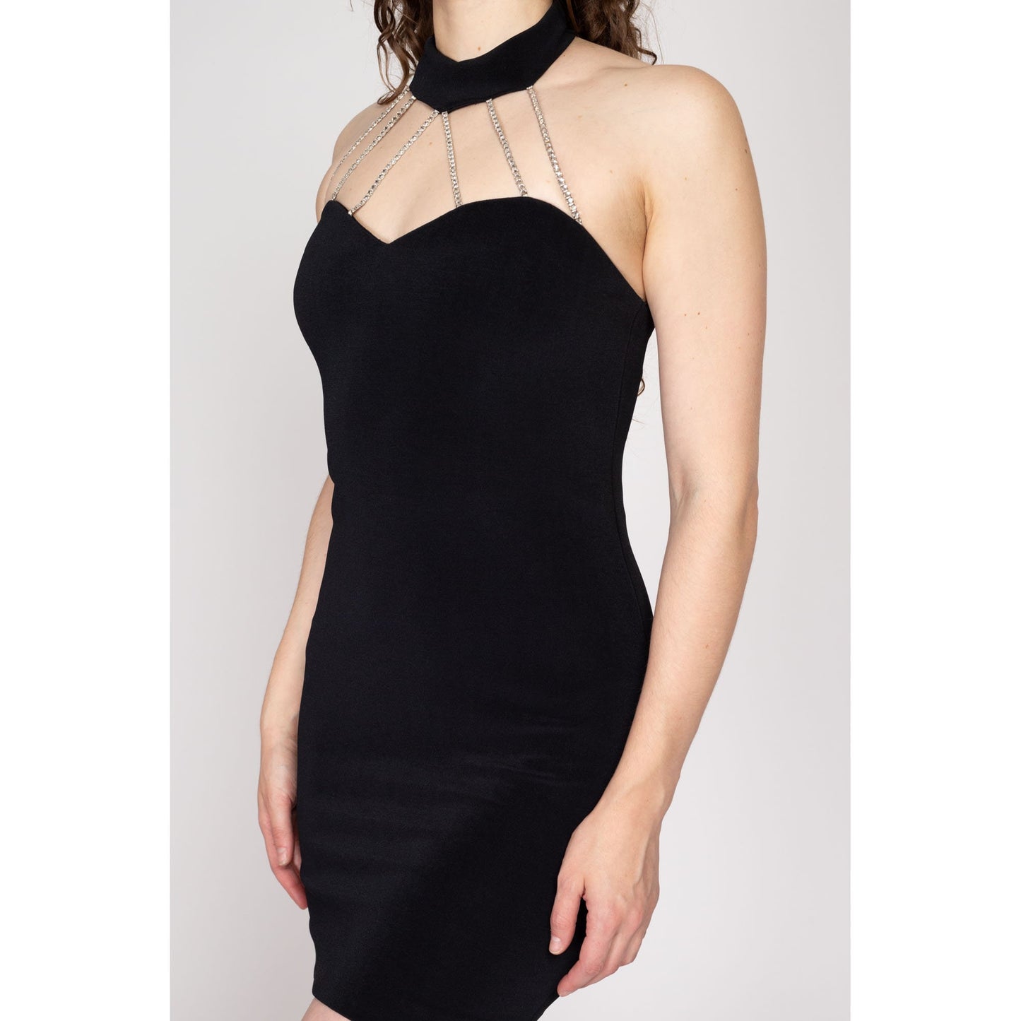 Small 80s Black Rhinestone Cage Neck Mini Dress | Vintage Susan Roselli Vijack Choker Collar Halter Fitted Party Dress