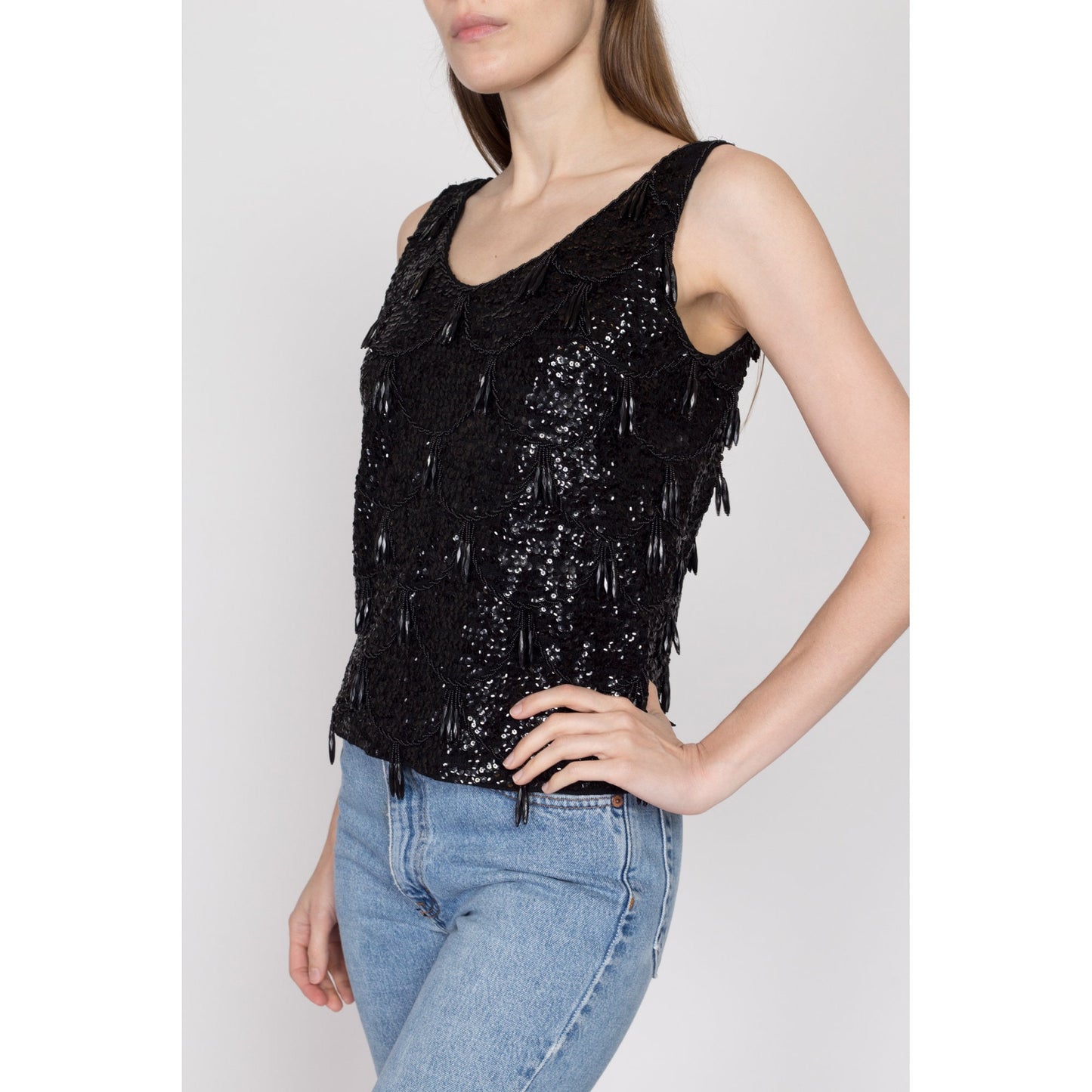 Sm-Med 1950s Black Beaded Tassel Top | Retro Vintage 50s 60s Glam Sequin Sleeveless Tank