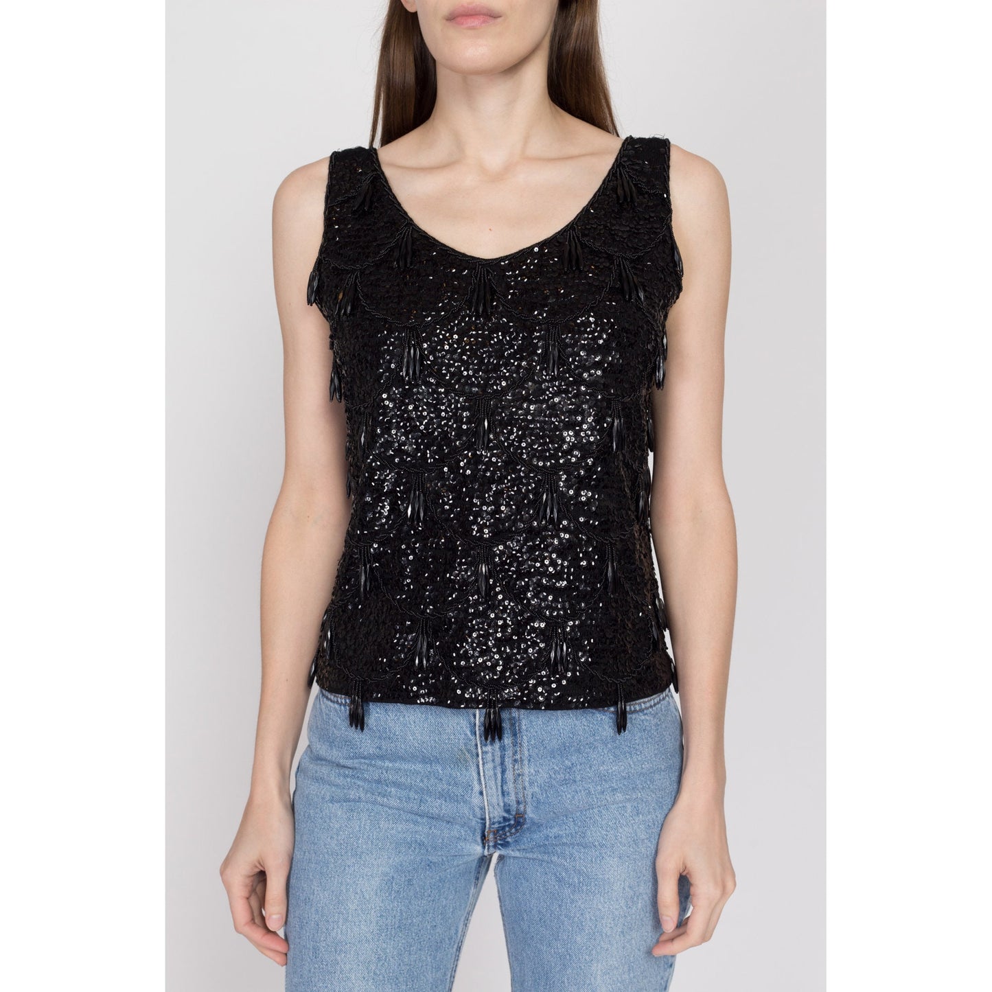 Sm-Med 1950s Black Beaded Tassel Top | Retro Vintage 50s 60s Glam Sequin Sleeveless Tank