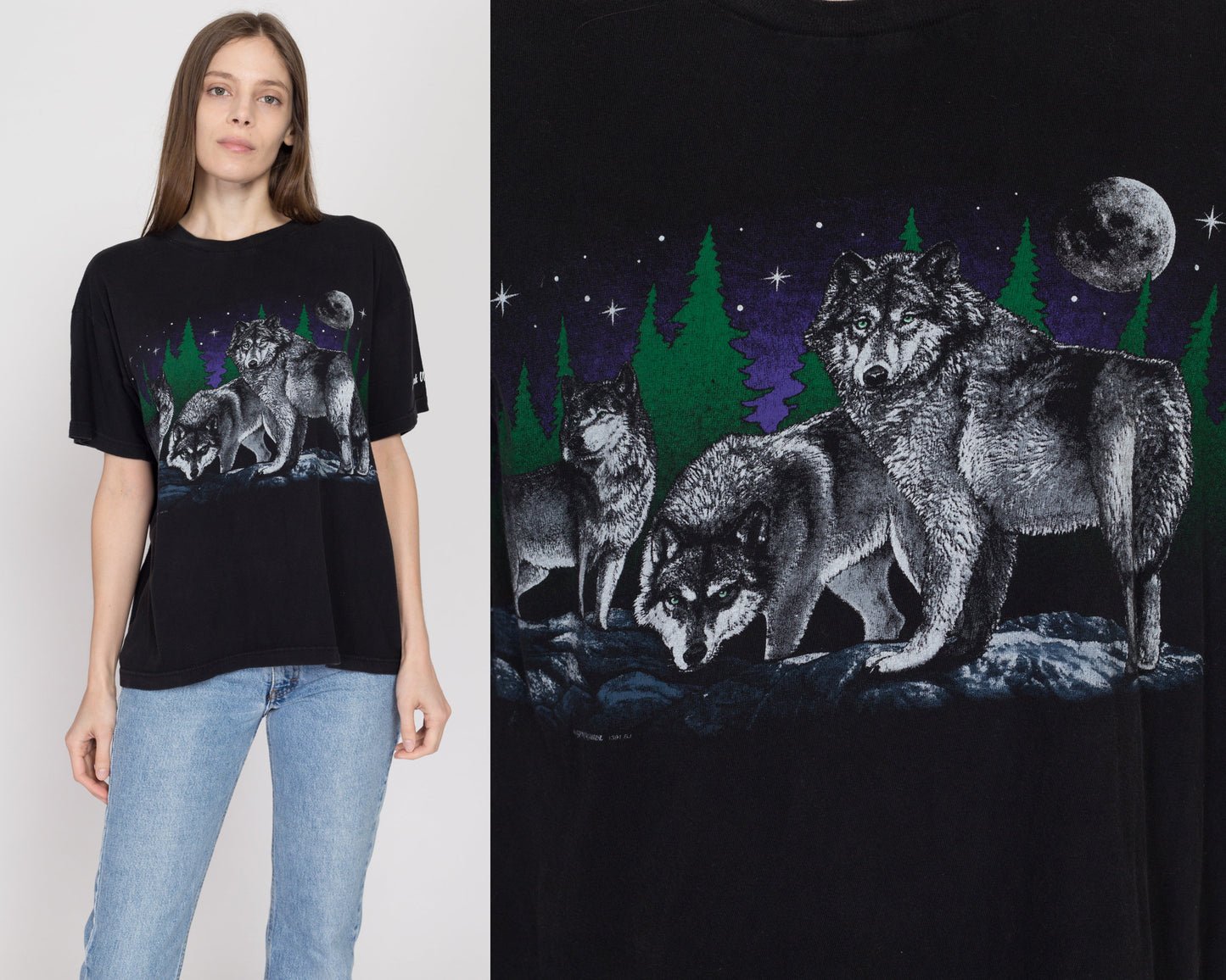 Large 90s Black Wolf T Shirt | Vintage Graphic Animal Wildlife Print Tee