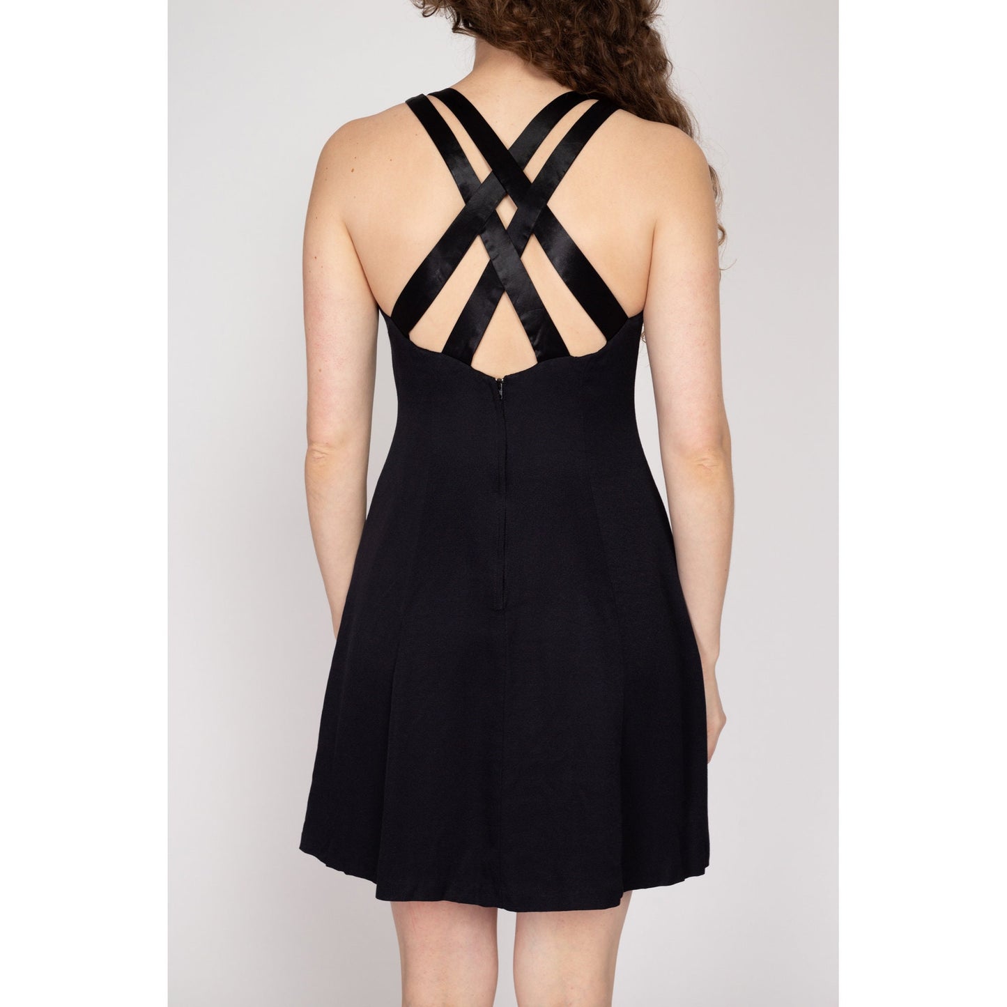 Small 90s Black Strappy Cross Back Mini Dress | Vintage Fit Flare Party Dress