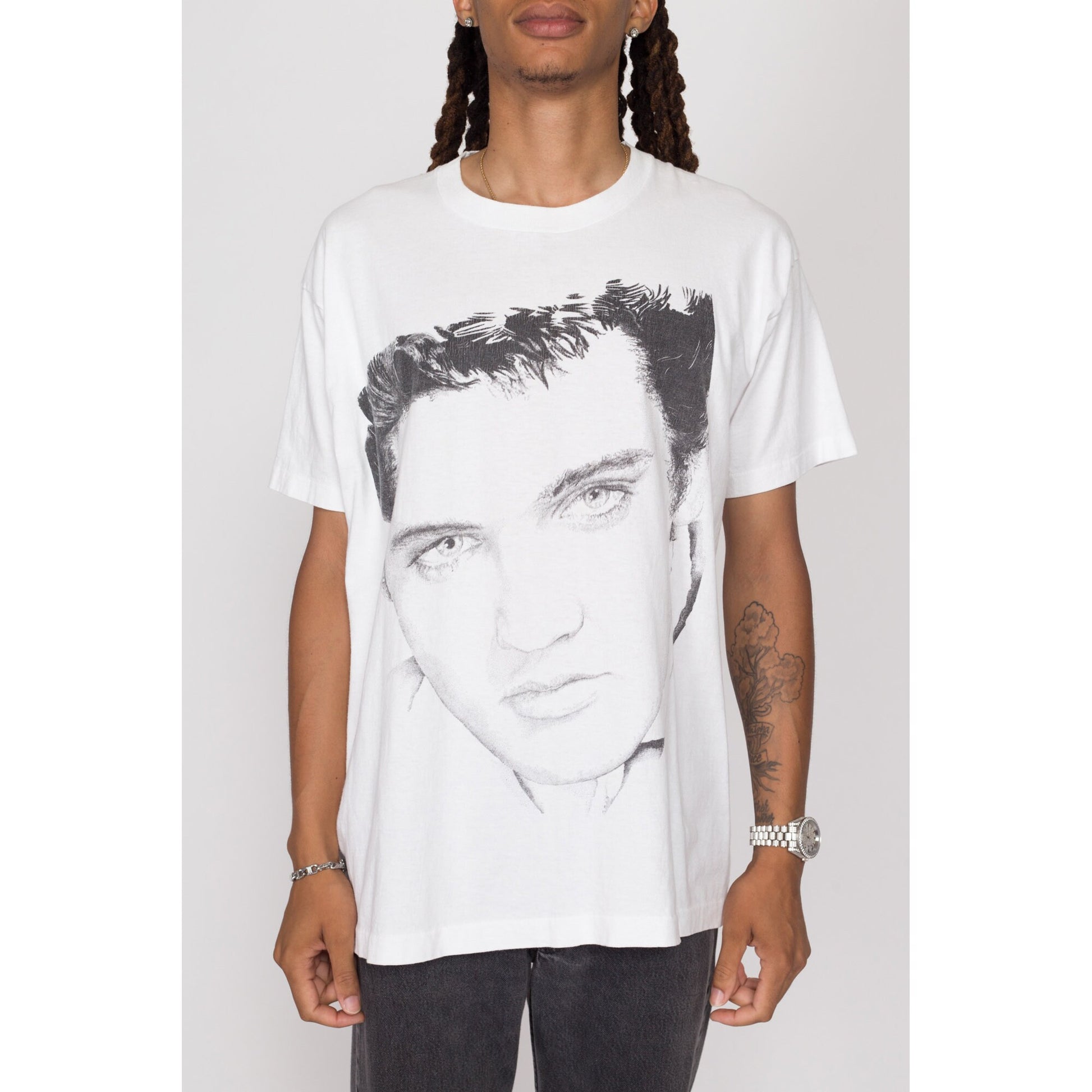 XL 90s Elvis Presley Big Print T Shirt | Vintage White Face Graphic Music Tee