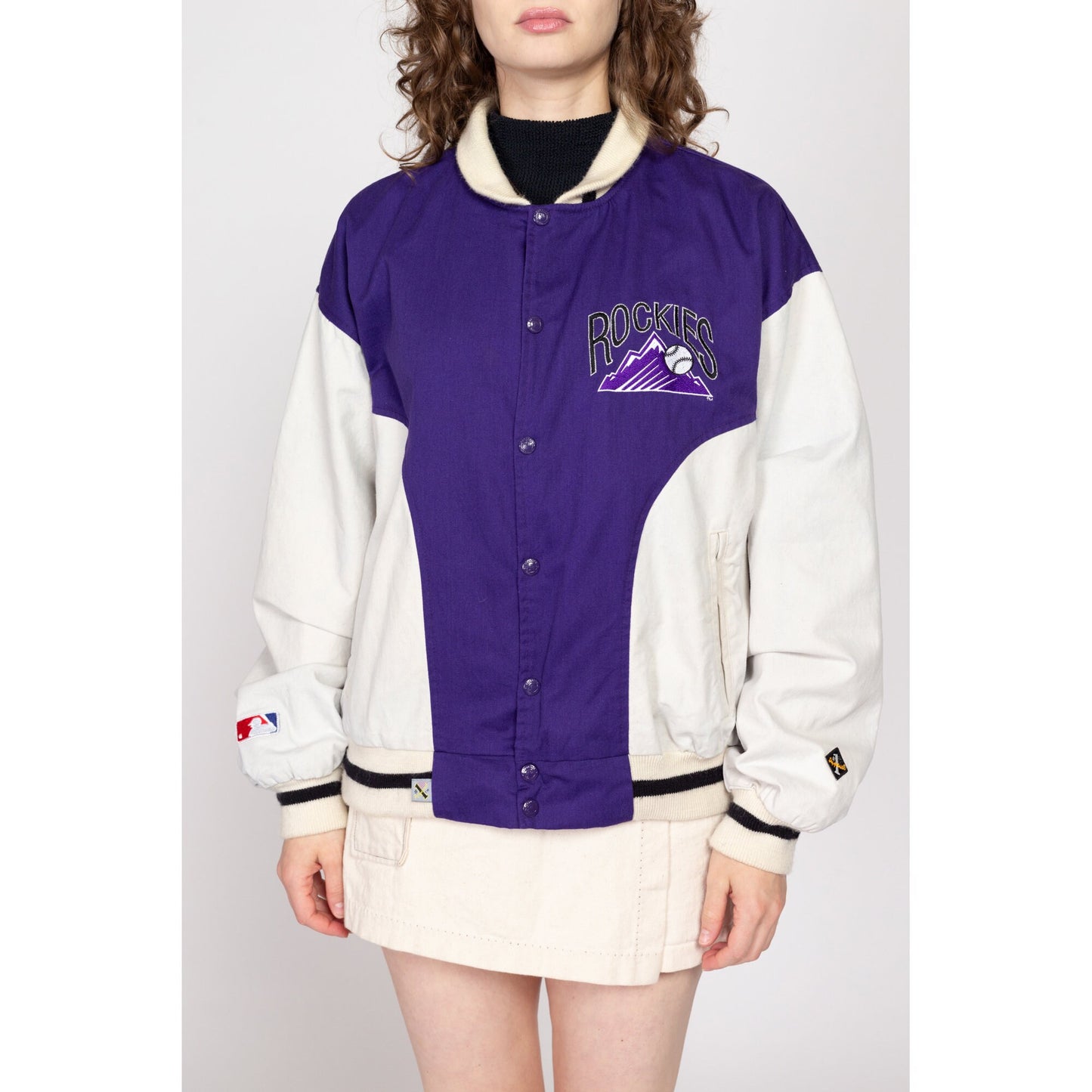 Lrg-XL 90 Colorado Rockies MLB Denim Varsity Jacket | Vintage Purple White Snap Button Baseball Bomber Coat