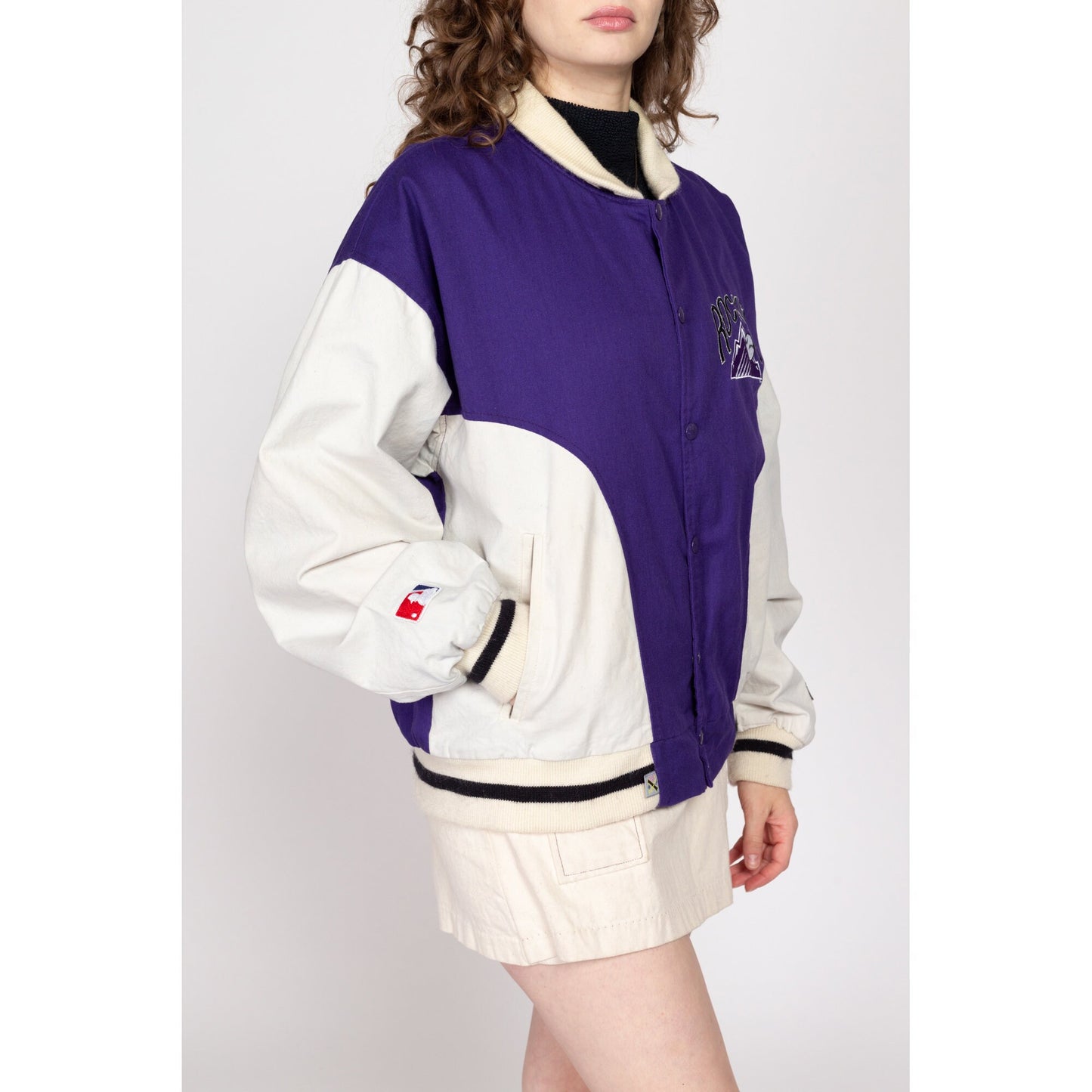 Lrg-XL 90 Colorado Rockies MLB Denim Varsity Jacket | Vintage Purple White Snap Button Baseball Bomber Coat