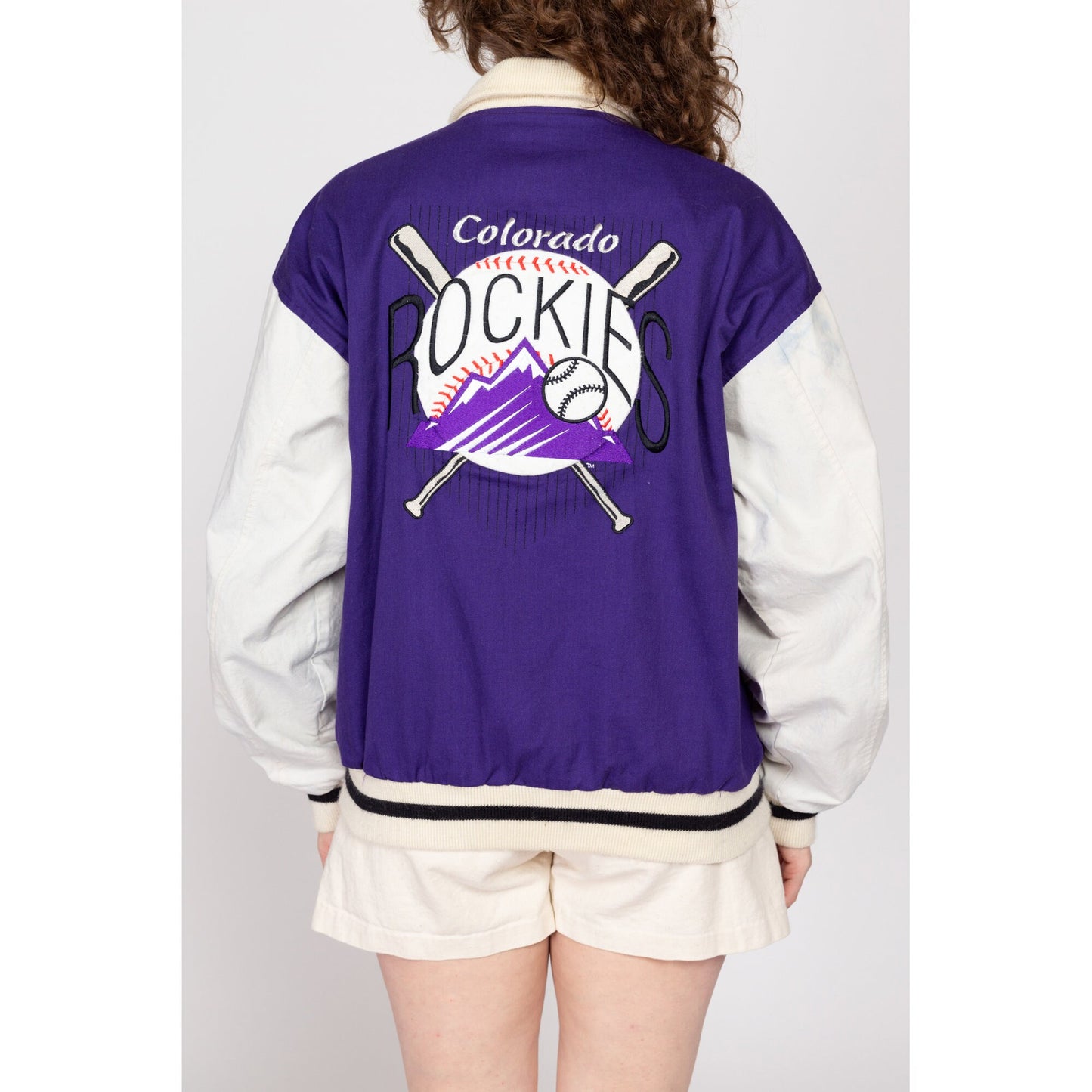 Lrg-XL 90 Colorado Rockies MLB Denim Varsity Jacket | Vintage Purple White Snap Button Baseball Bomber Coat