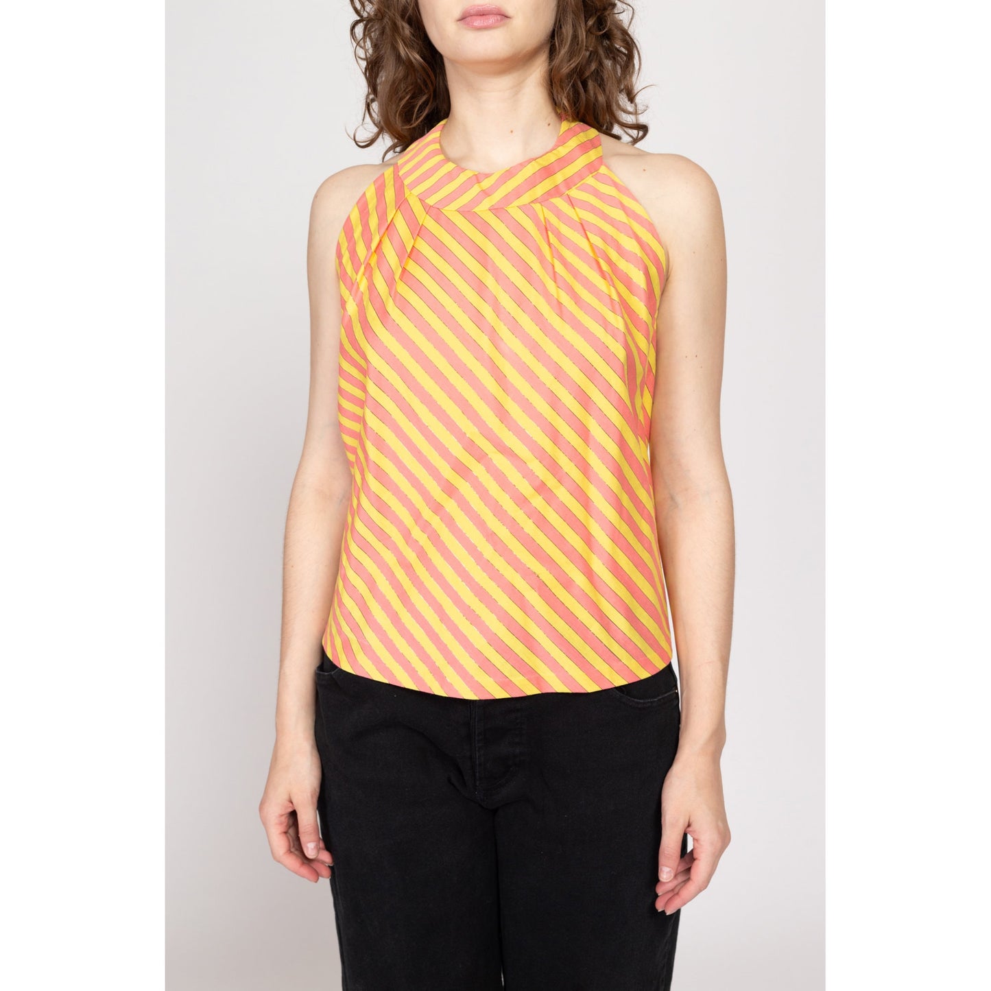 Large Y2K Pink & Yellow Striped Halter Top | Vintage Low Back Metallic Summer Shirt