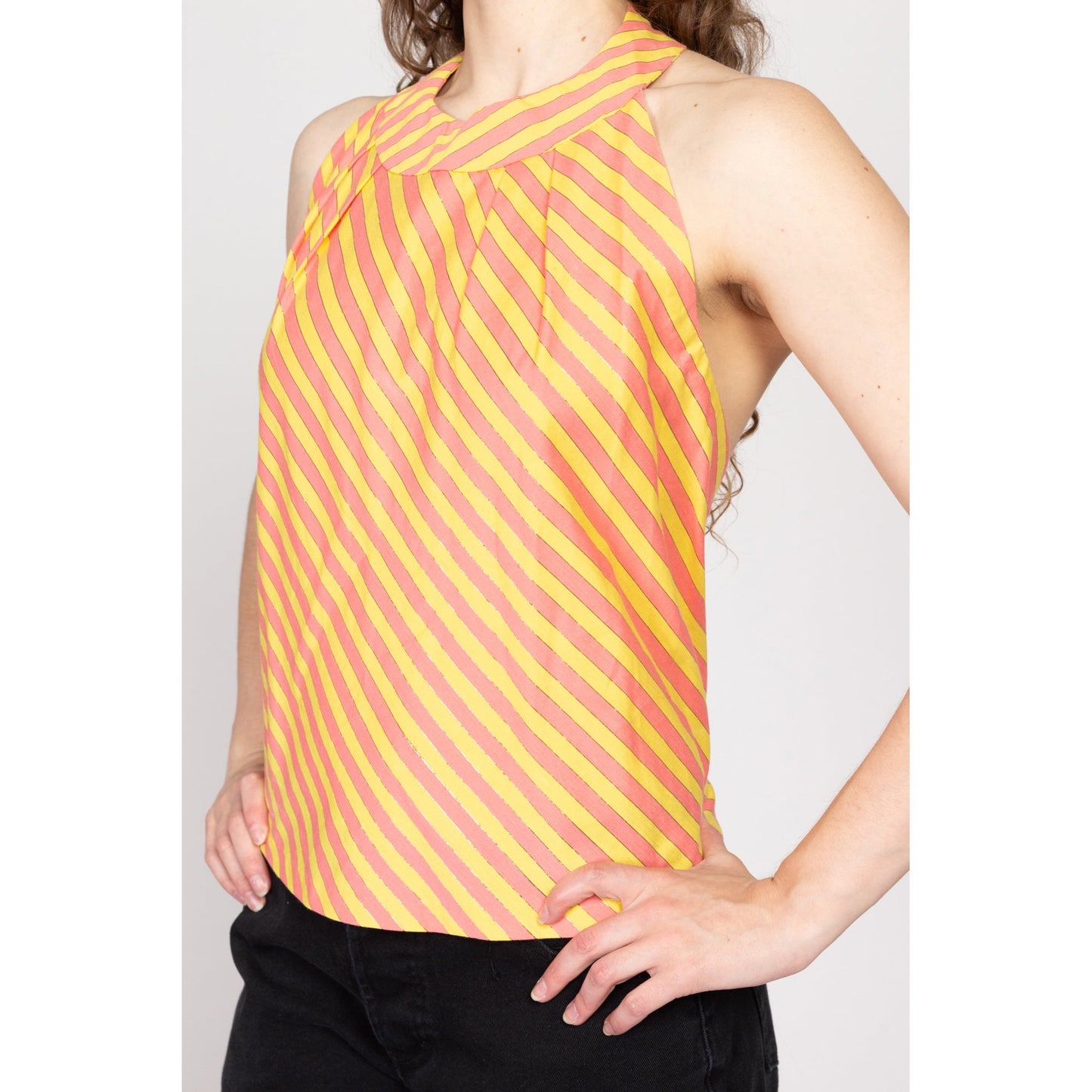 Large Y2K Pink & Yellow Striped Halter Top | Vintage Low Back Metallic Summer Shirt