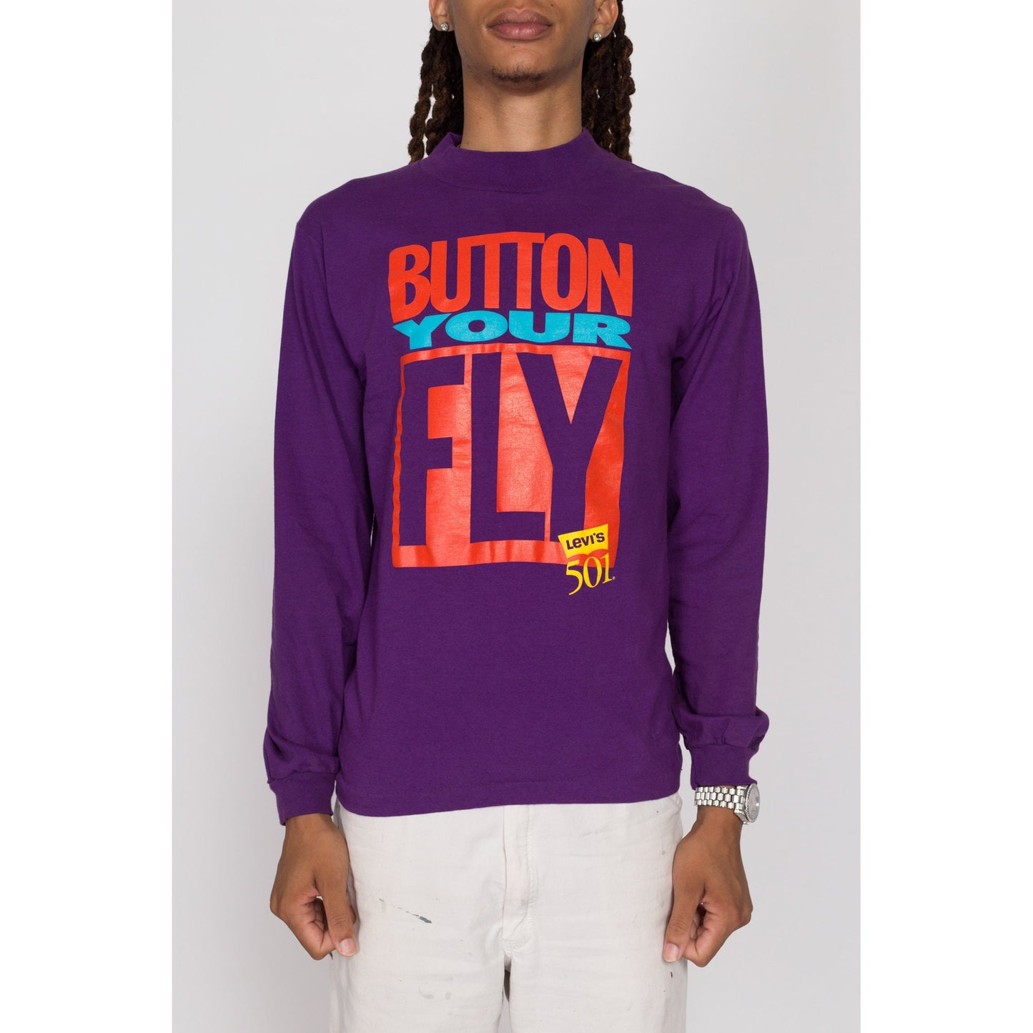Medium 90s Levi's "Button Your Fly" Long Sleeve T Shirt | Vintage Purple Levis Graphic High Crew Neck Tee