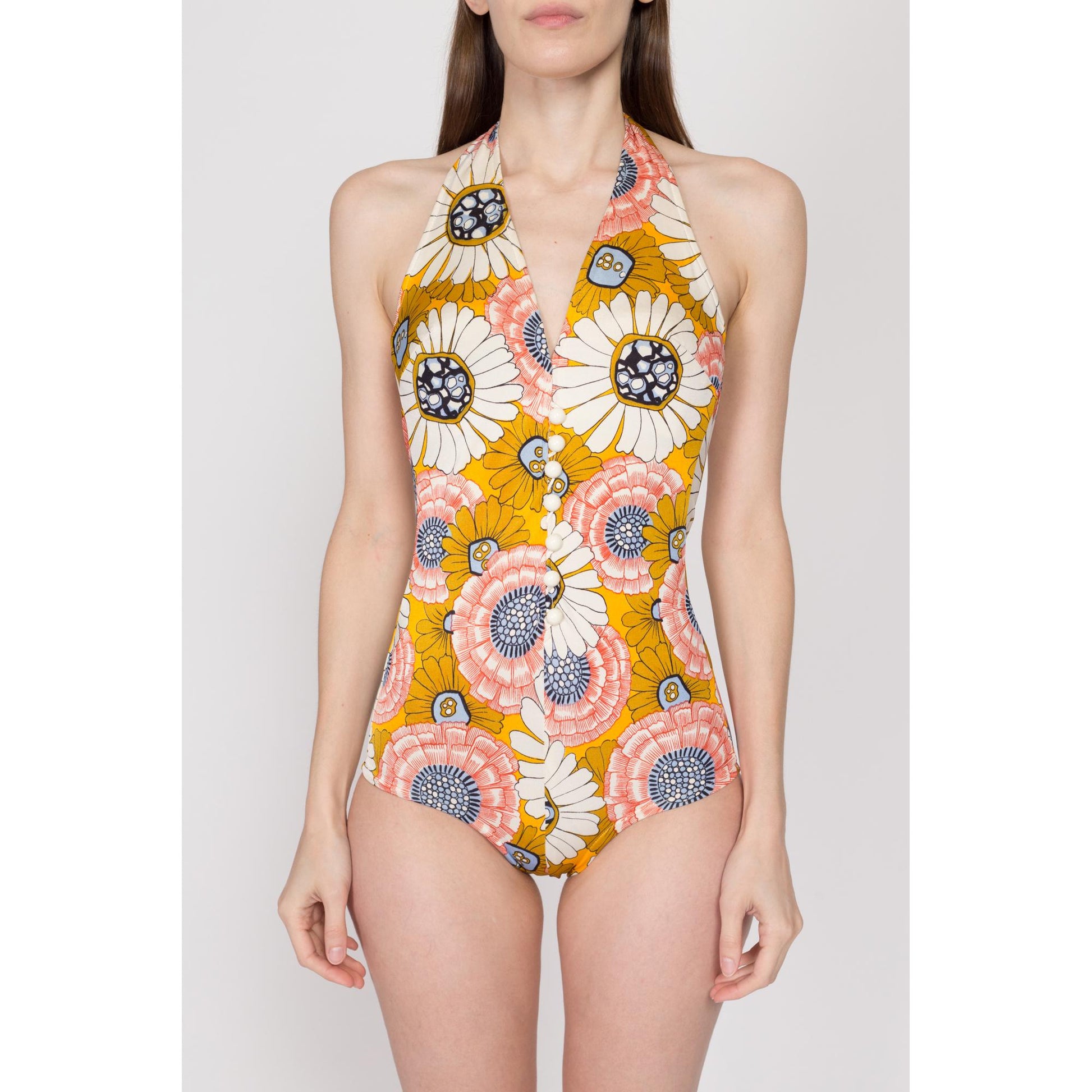 Small 60s 70s Cole Of California Floral One Piece Swimsuit | Vintage Low Back Halter Neck Bathing Suit