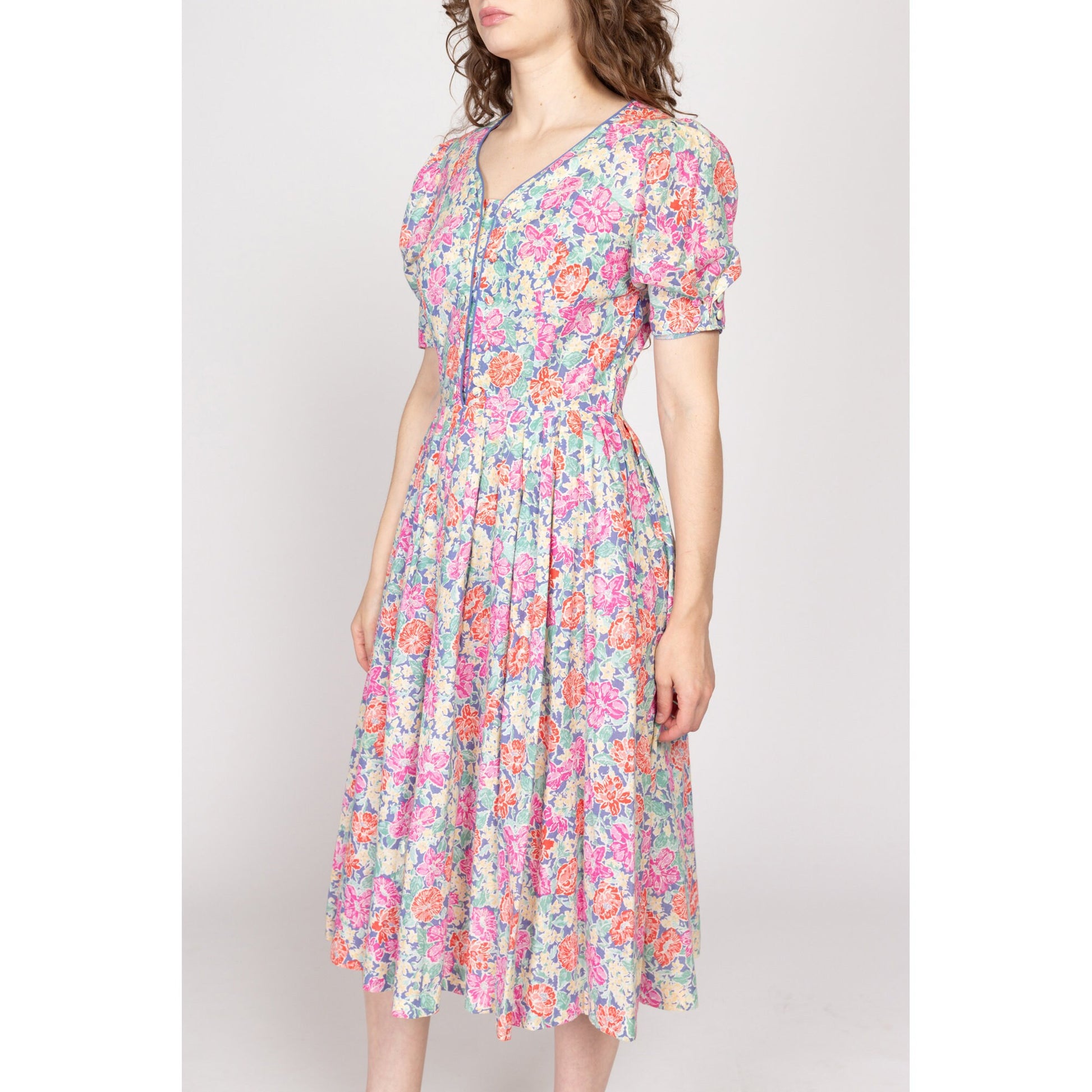 Medium 80s Laura Ashley Floral Fit & Flare Midi Dress | Vintage Pink Blue Puff Sleeve Retro Cotton Sundress