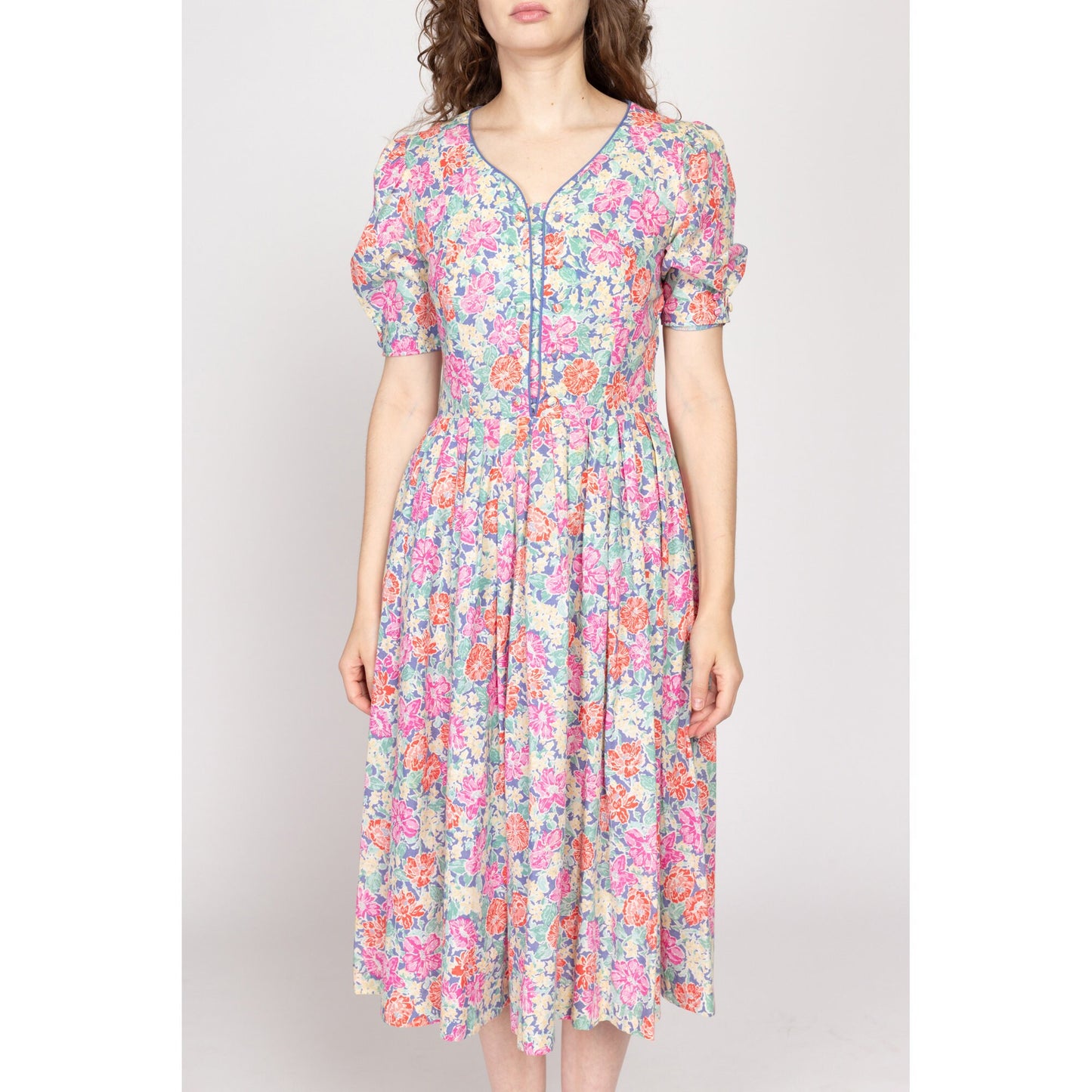 Medium 80s Laura Ashley Floral Fit & Flare Midi Dress | Vintage Pink Blue Puff Sleeve Retro Cotton Sundress