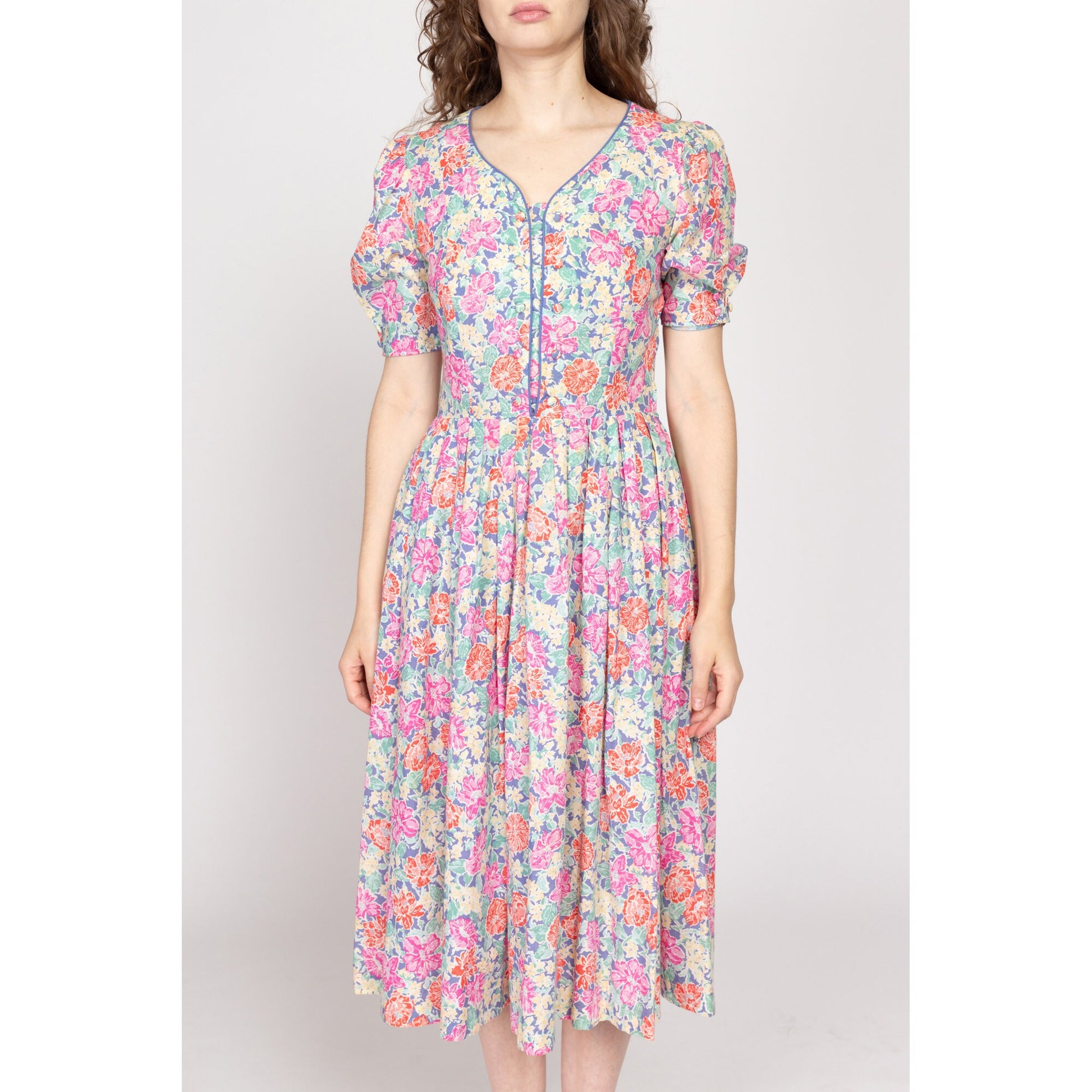 Medium 80s Laura Ashley Floral Fit & Flare Midi Dress | Vintage Pink Blue Puff Sleeve Retro Cotton Sundress