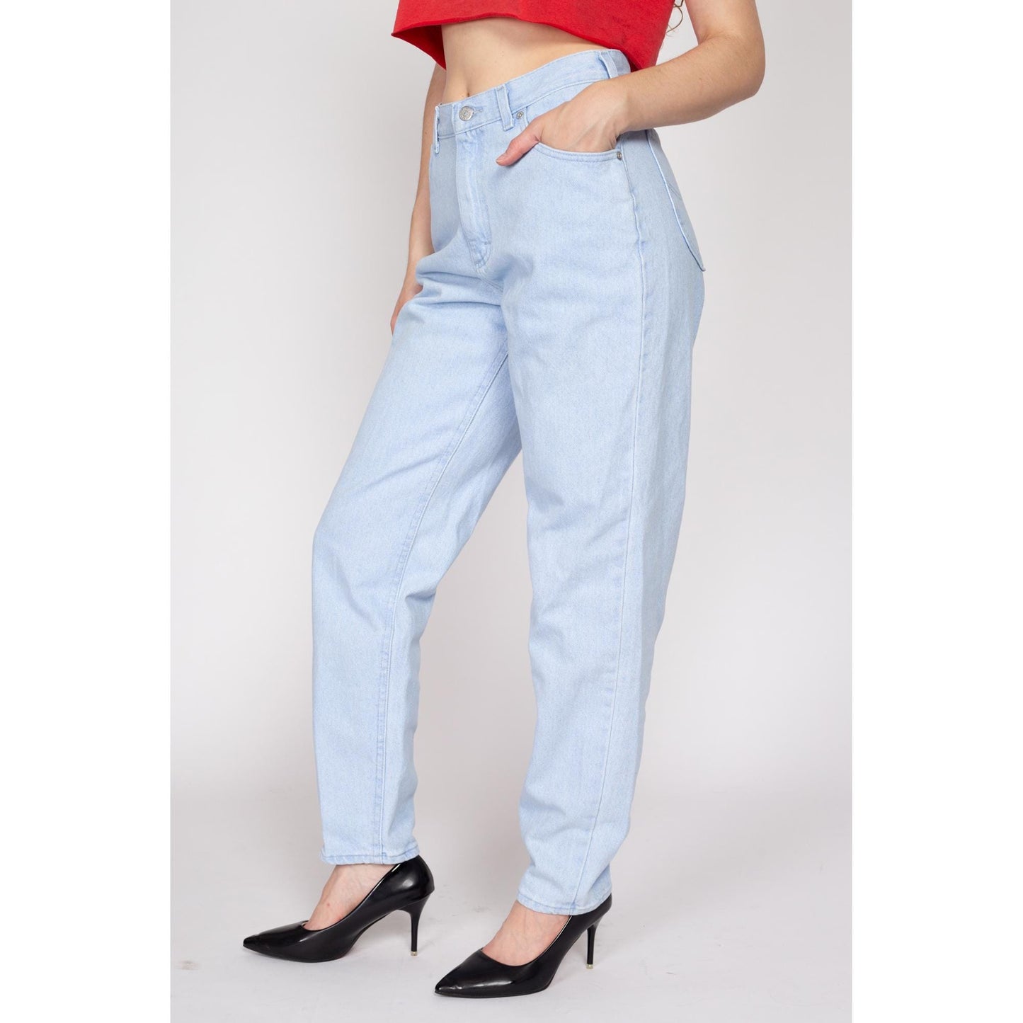 Medium 90s Lee High Waisted Light Wash Jeans 29" | Vintage Denim Tapered Leg Mom Jeans