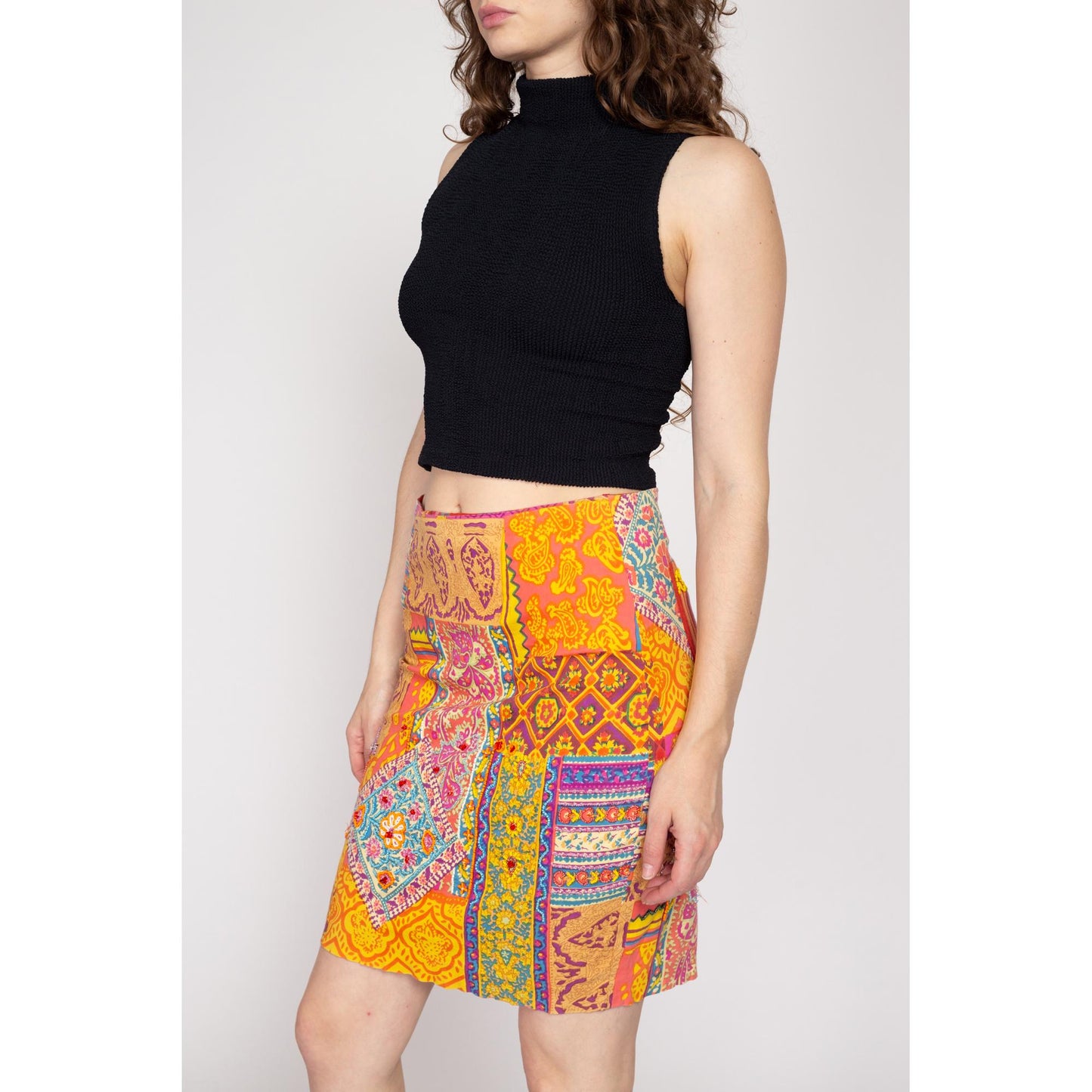 Small 90s Baroque Patchwork Print Beaded Mini Skirt | Vintage Mid Rise Boho Fitted Pencil Miniskirt
