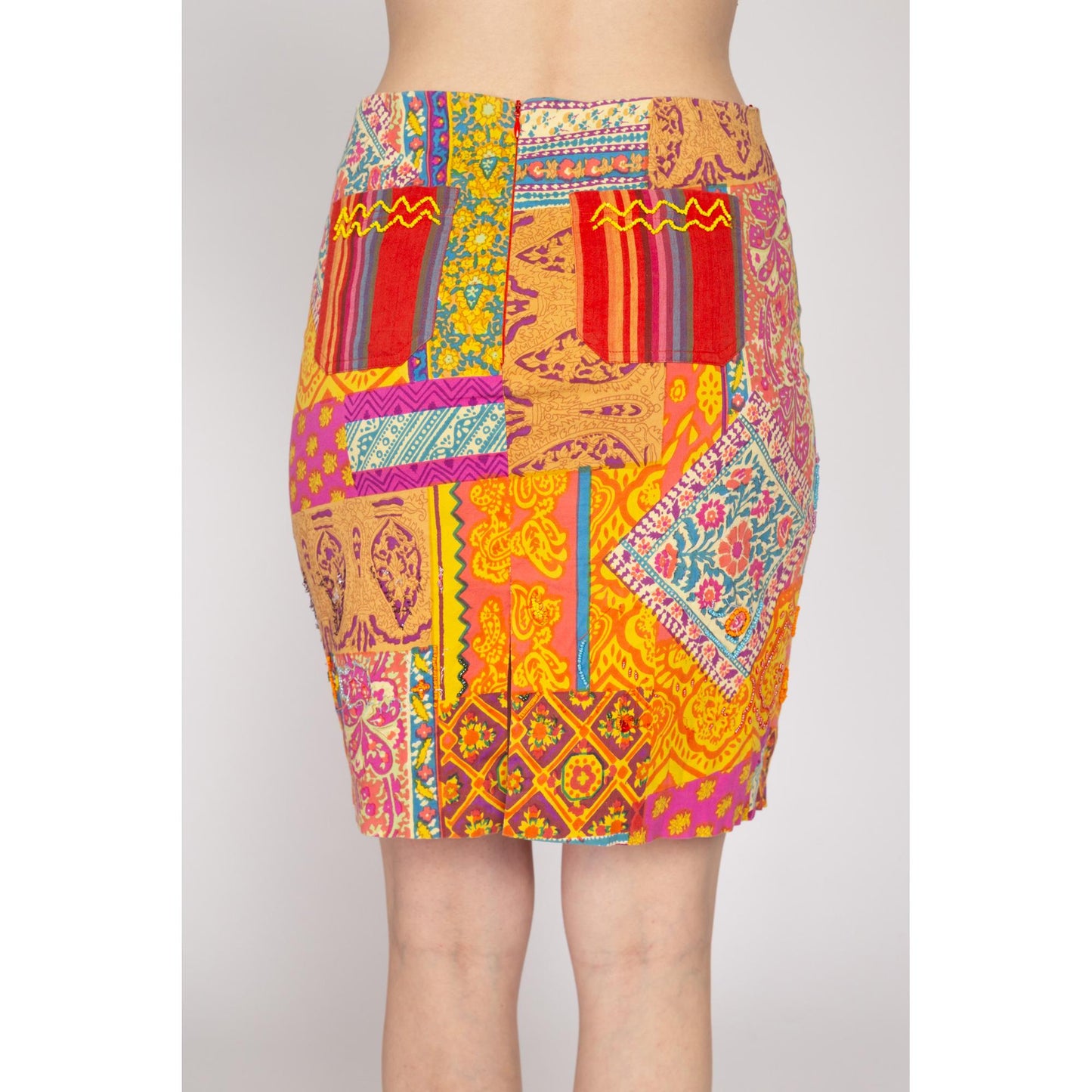 Small 90s Baroque Patchwork Print Beaded Mini Skirt | Vintage Mid Rise Boho Fitted Pencil Miniskirt