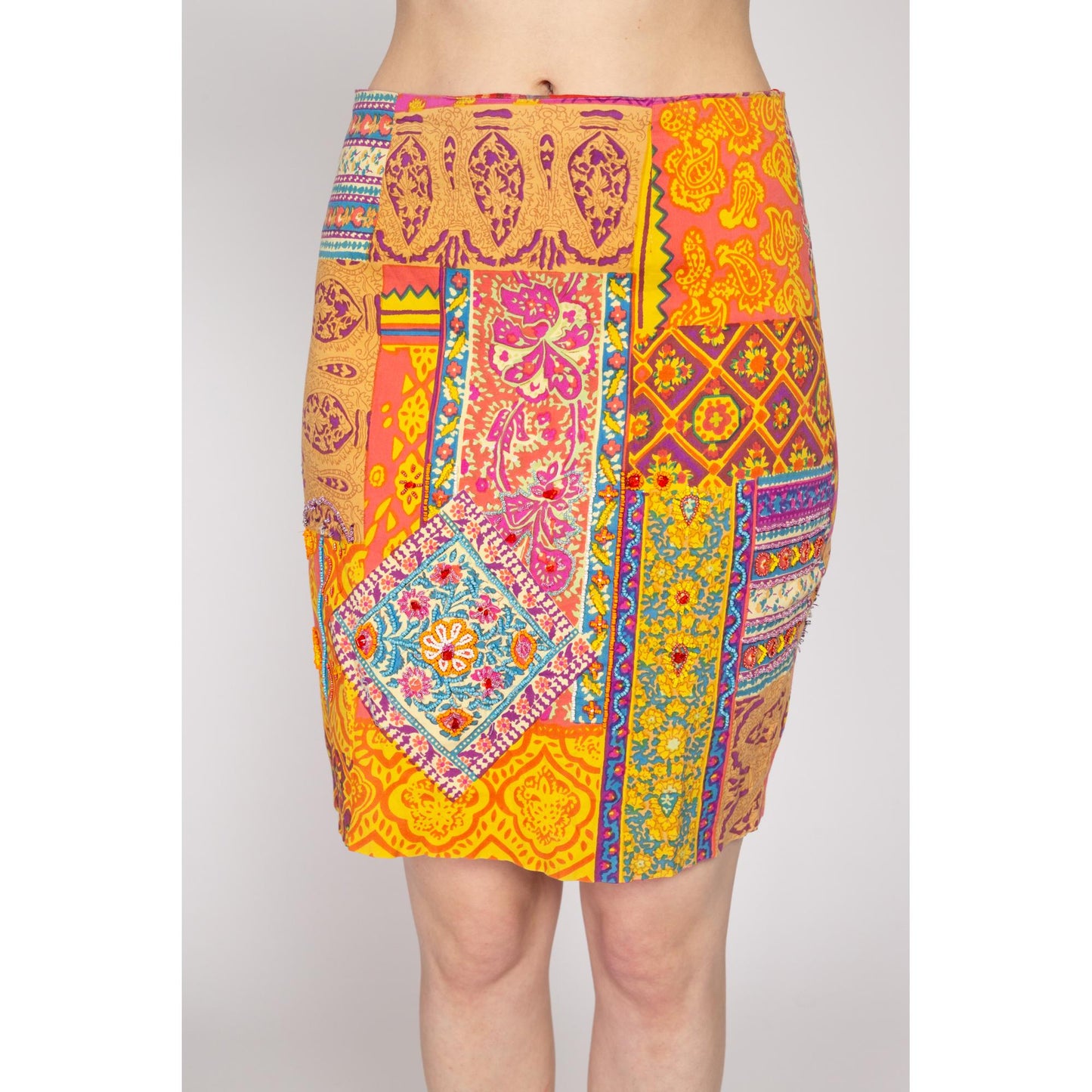 Small 90s Baroque Patchwork Print Beaded Mini Skirt | Vintage Mid Rise Boho Fitted Pencil Miniskirt