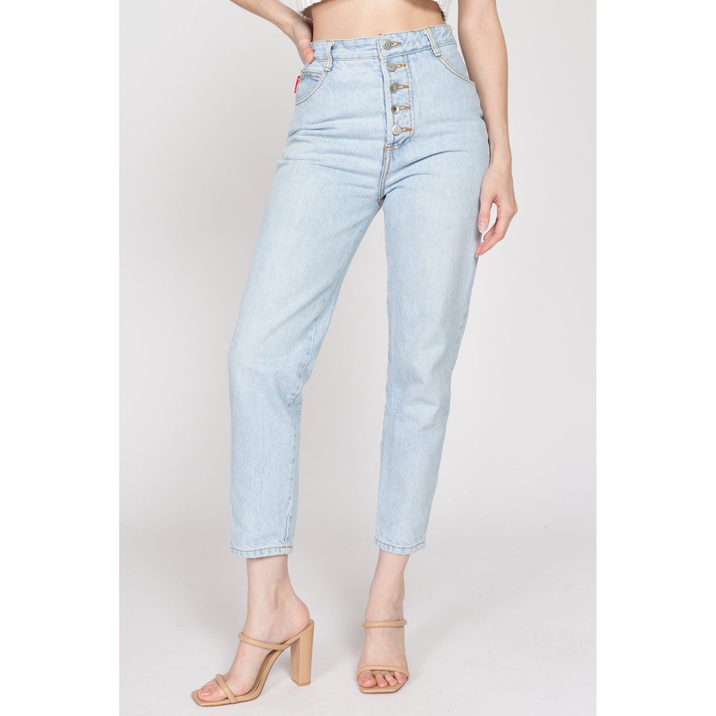 Small 90s Bongo Light Wash Button Fly Jeans 27" | Vintage High Waisted Denim Slim Fit Tapered Leg Mom Jeans