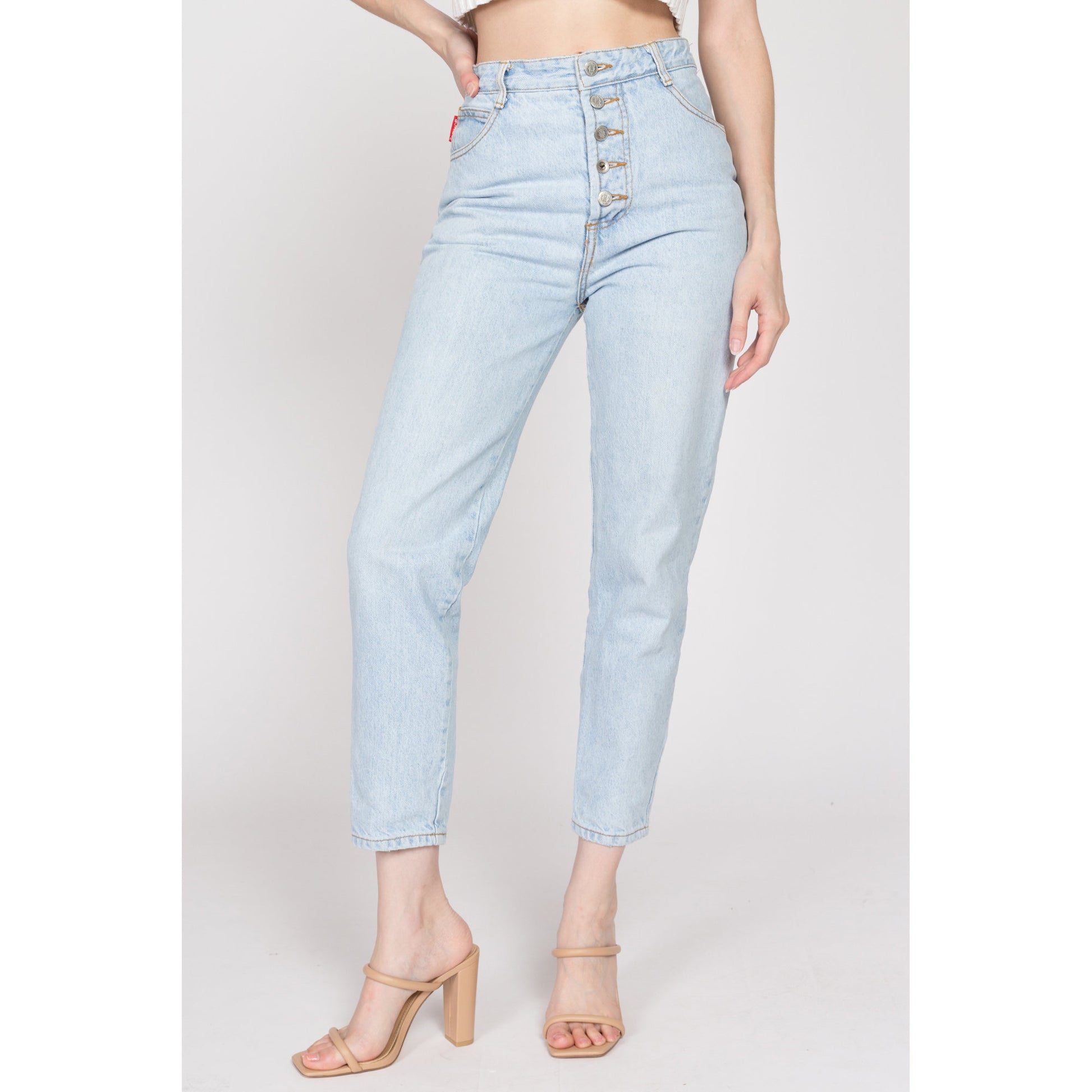 Small 90s Bongo Light Wash Button Fly Jeans 27" | Vintage High Waisted Denim Slim Fit Tapered Leg Mom Jeans