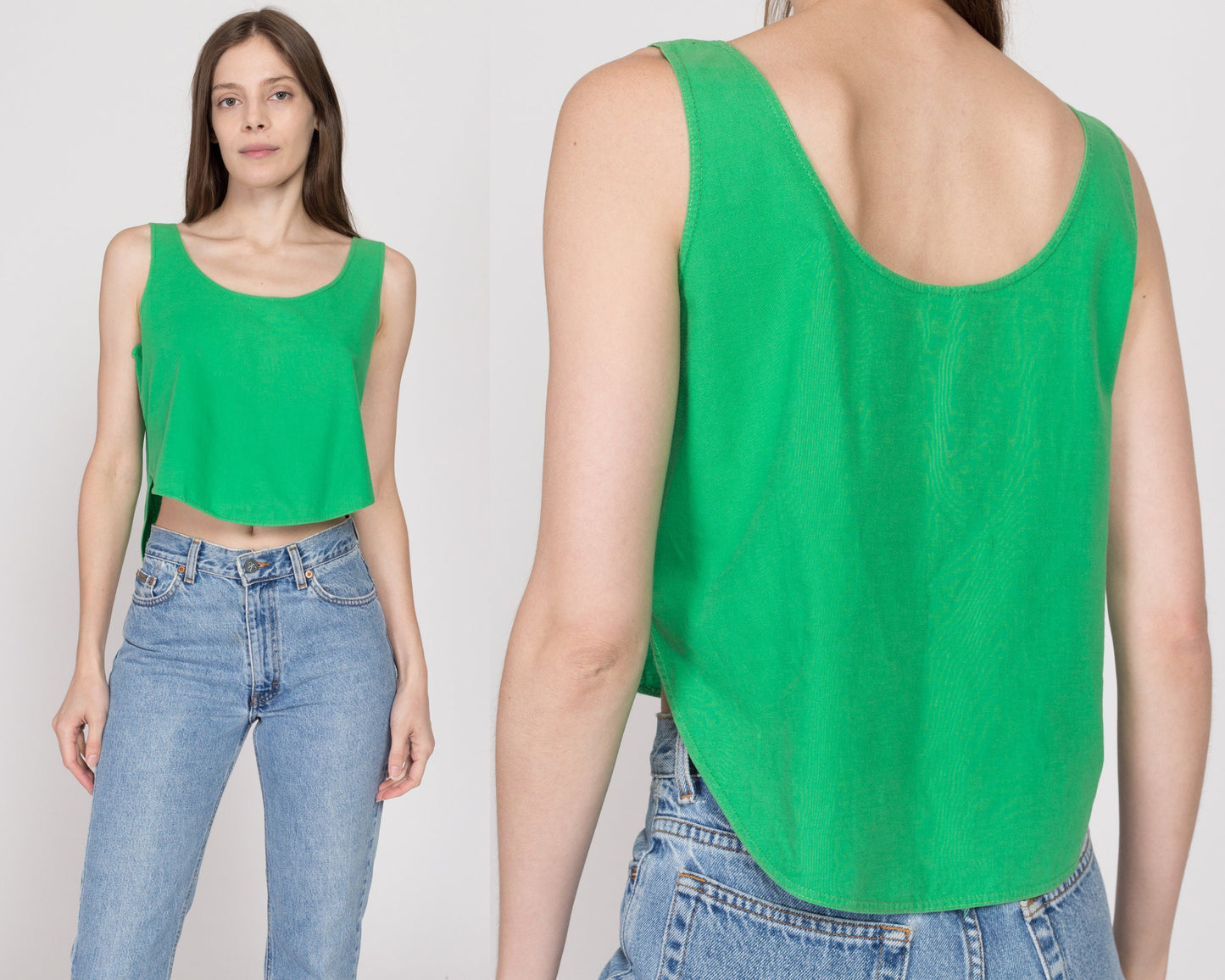 Medium 80s Green Cotton High-Low Tank Top | Vintage Scoop Neck Sleeveless Cropped Shirt