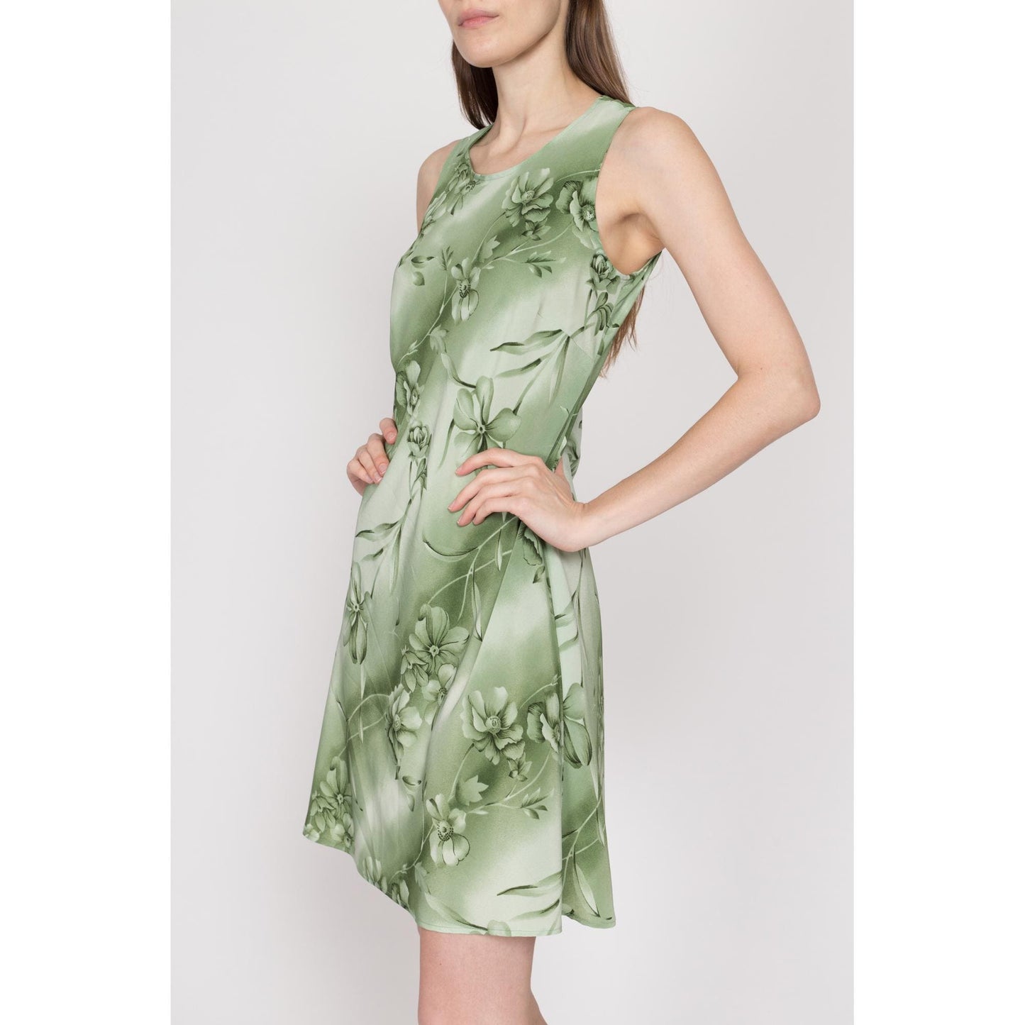Medium 90s Green Floral Mini Sundress | Vintage Bias Cut Boho Sleeveless Dress