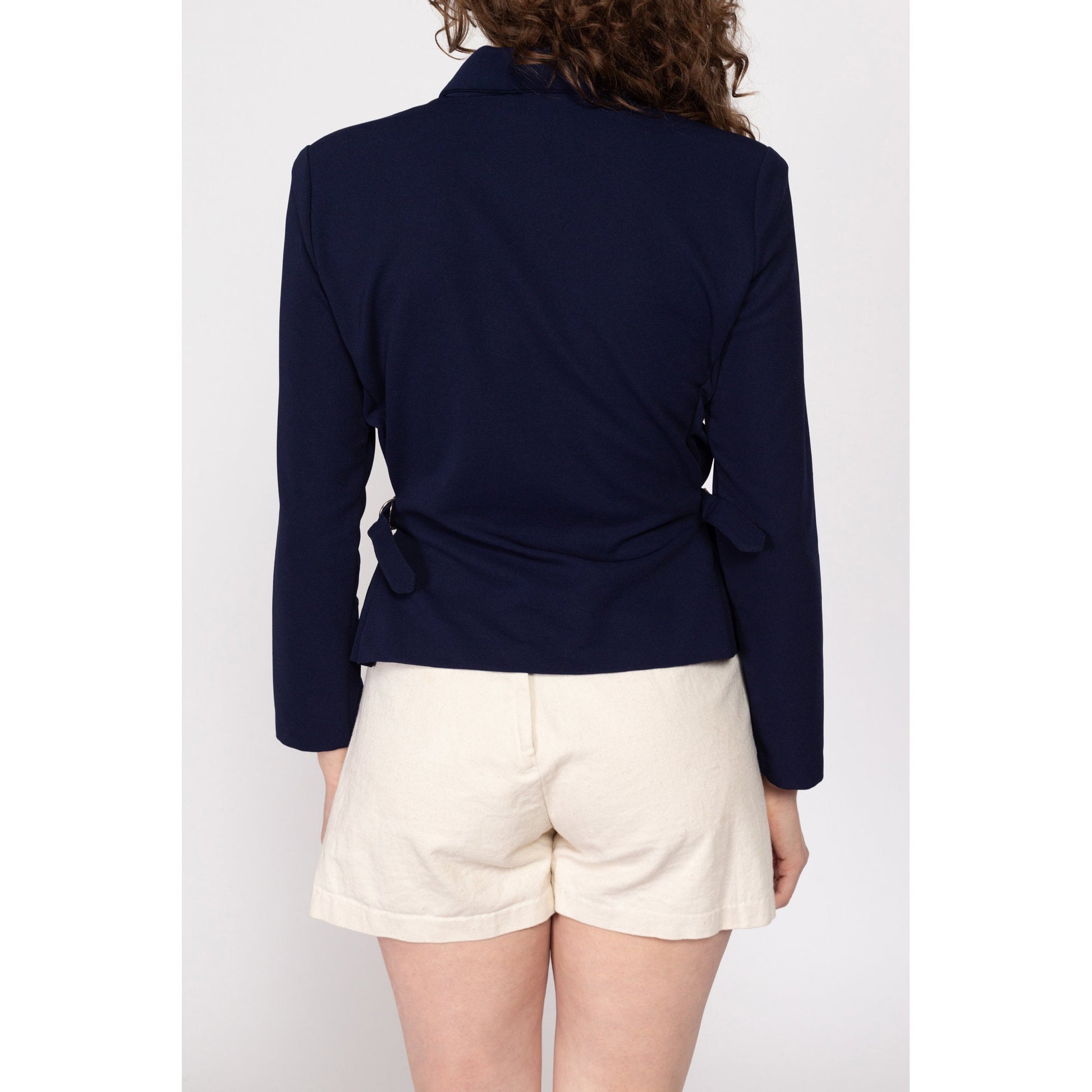 Medium 90s Navy Blue Cinched Waist Blazer Top | Vintage Collared Zip Up Lightweight Jacket