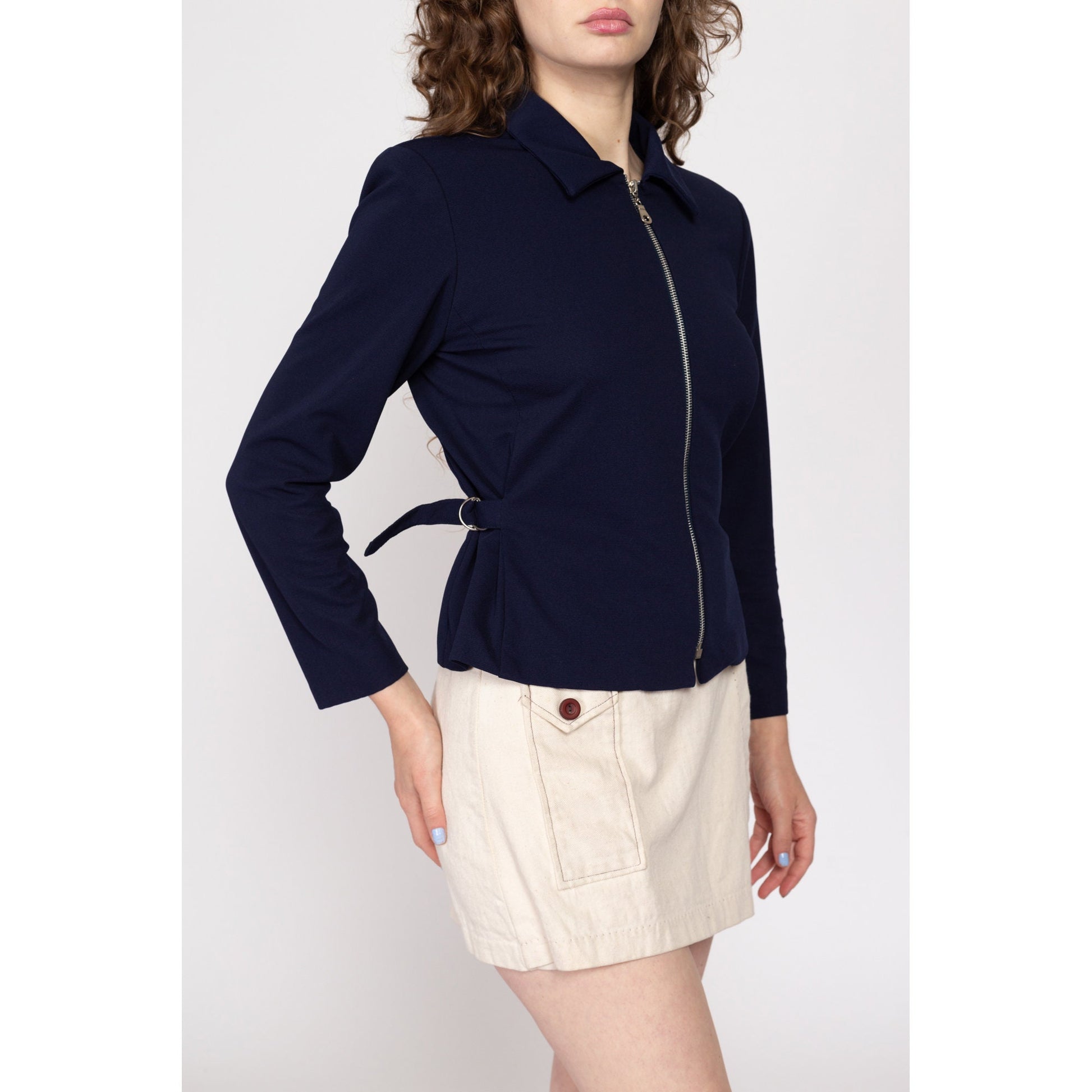 Medium 90s Navy Blue Cinched Waist Blazer Top | Vintage Collared Zip Up Lightweight Jacket