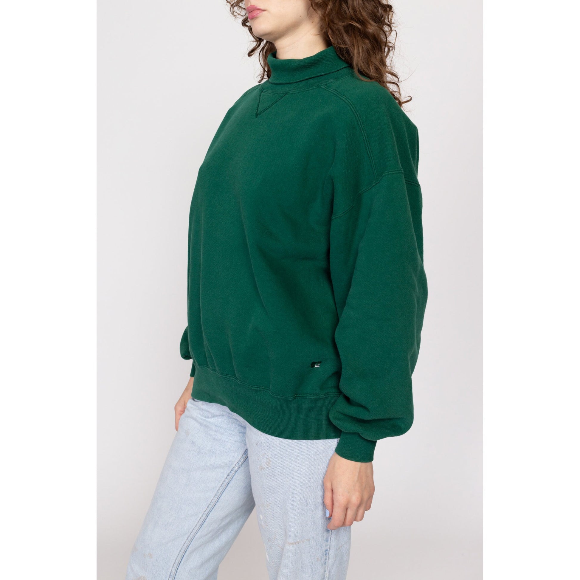 XL 90s Green Turtleneck V Stitch Sweatshirt | Vintage Russell Athletic Unisex Plain Pullover
