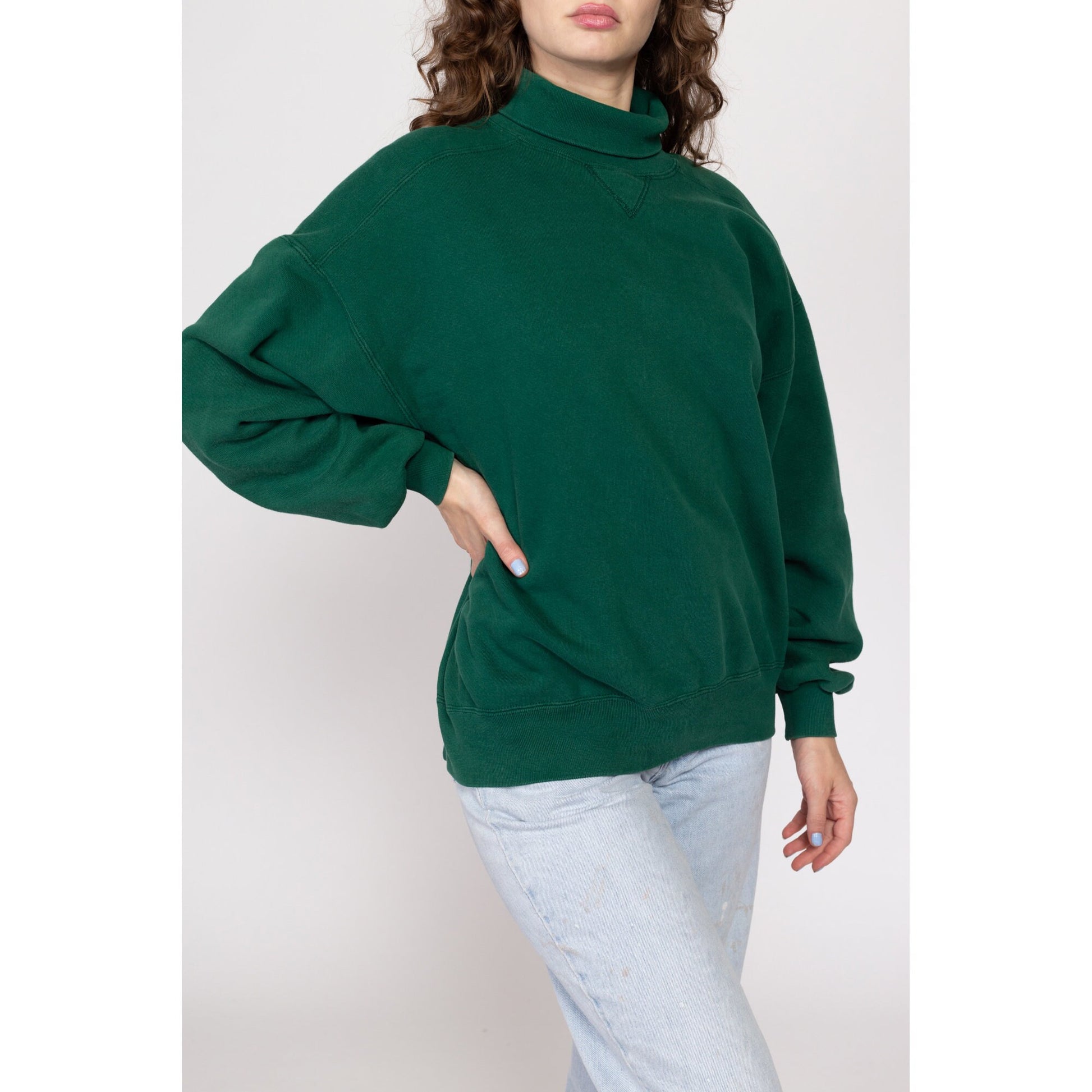 XL 90s Green Turtleneck V Stitch Sweatshirt | Vintage Russell Athletic Unisex Plain Pullover