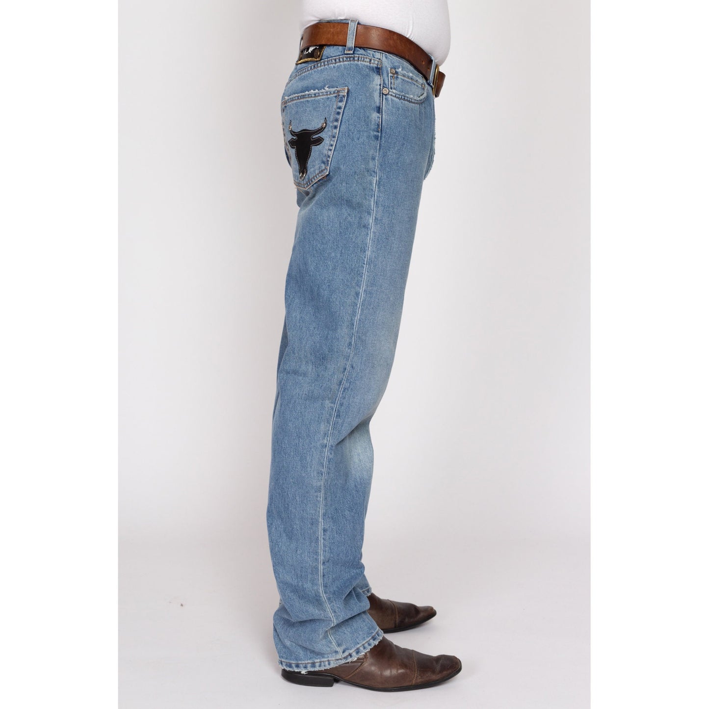 34x34 Y2K Leather Bull Patch Jeans | Vintage Light Wash Denim Western Jeans