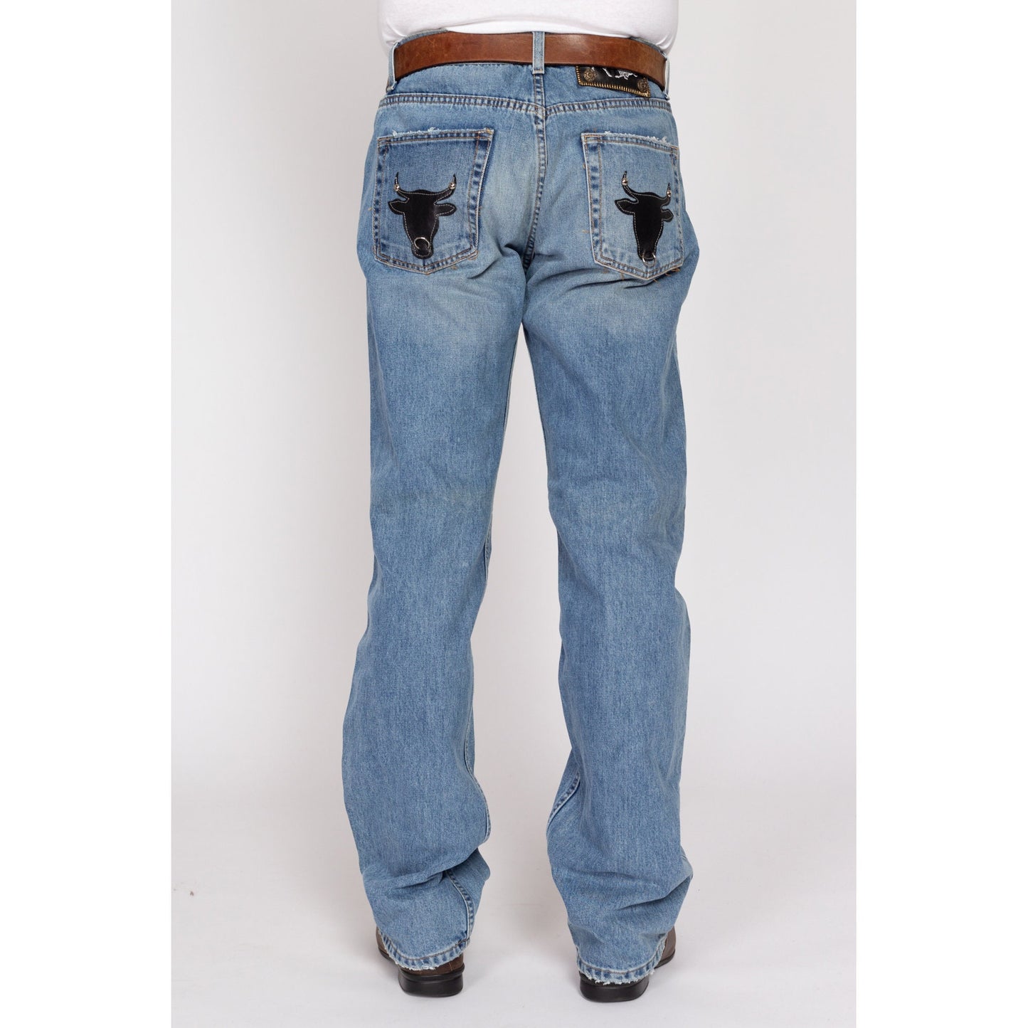 34x34 Y2K Leather Bull Patch Jeans | Vintage Light Wash Denim Western Jeans
