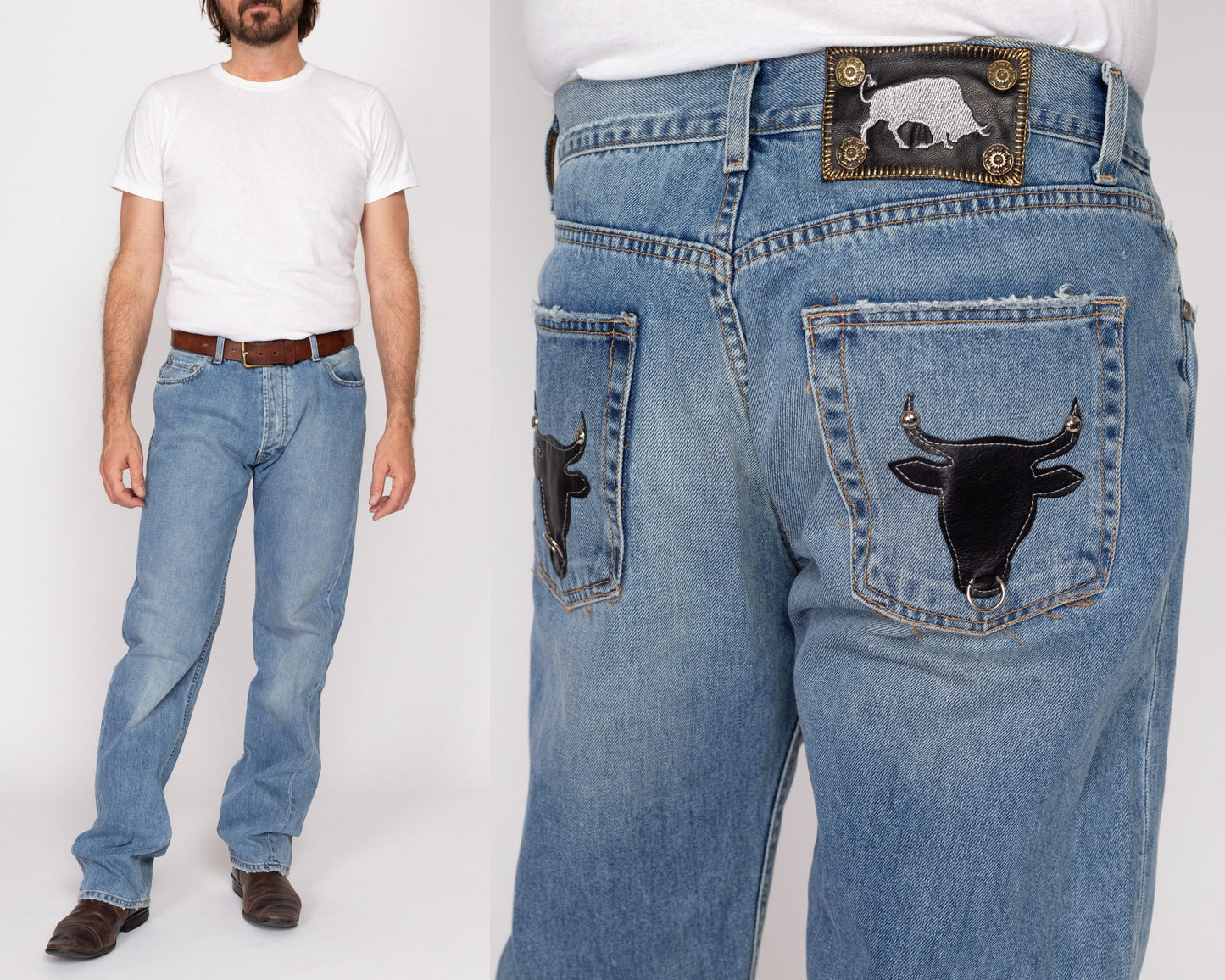 34x34 Y2K Leather Bull Patch Jeans | Vintage Light Wash Denim Western Jeans