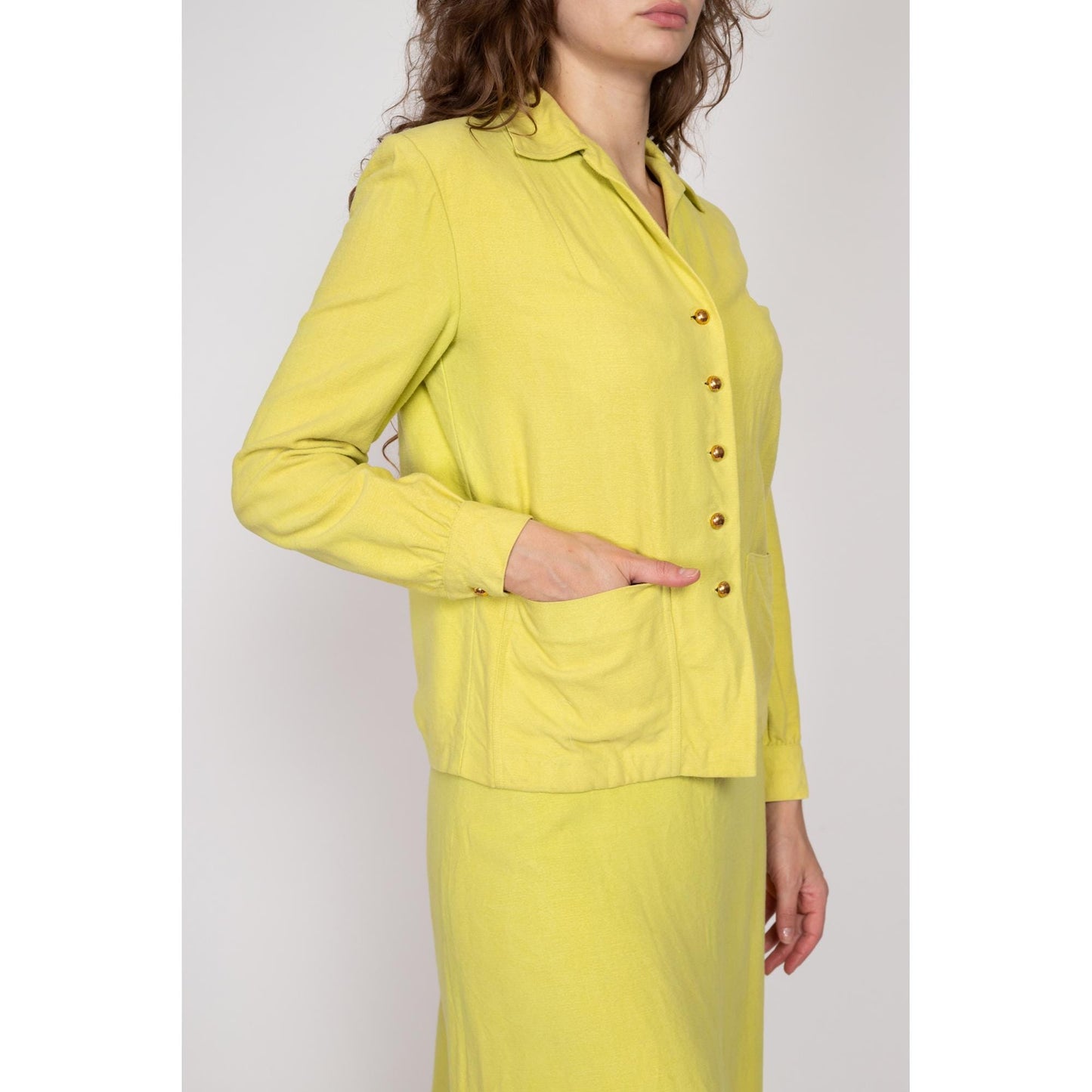 Small 1940s Chartreuse Jackshirt & Midi Skirt Set 25.5" | Vintage 40s Matching Two Piece Suit Outfit