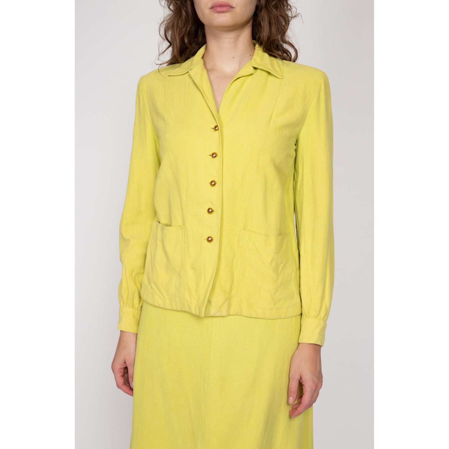 Small 1940s Chartreuse Jackshirt & Midi Skirt Set 25.5" | Vintage 40s Matching Two Piece Suit Outfit