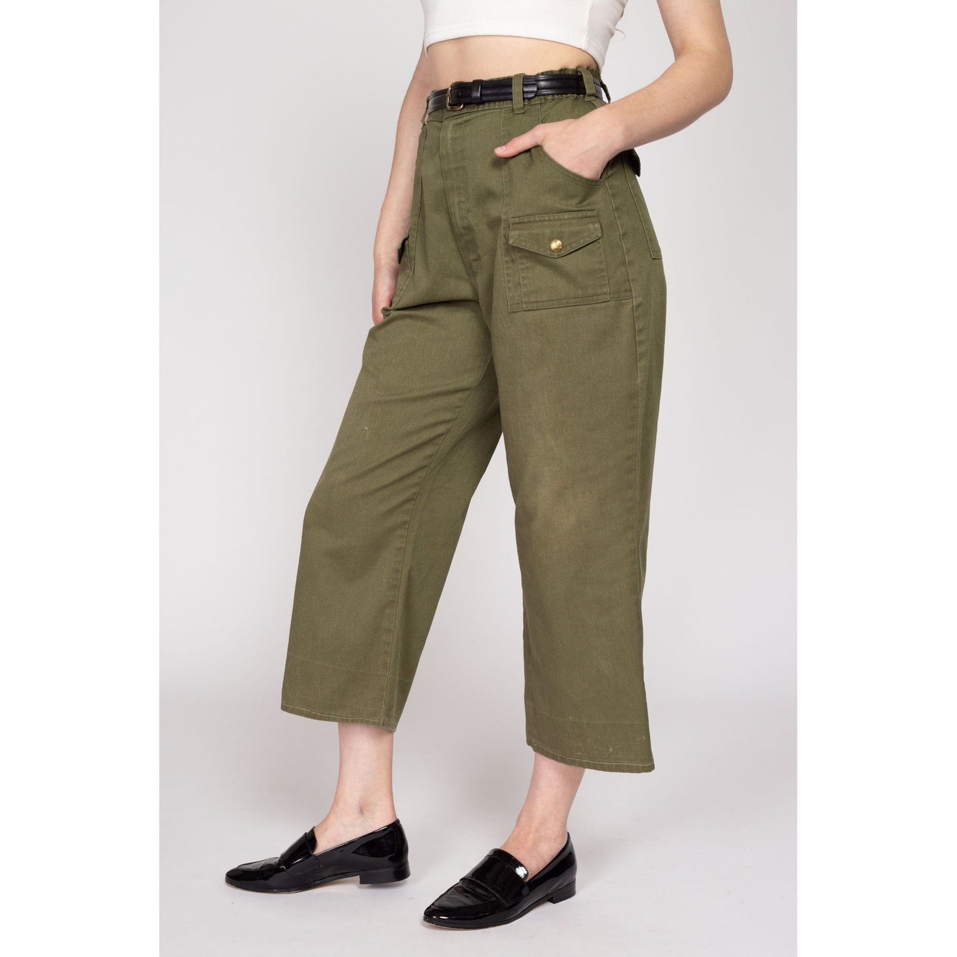 Medium 70s Boy Scout Uniform Pants 28"-31" | Vintage High Waisted Olive Green Utility Cargo Kick Flare Trousers