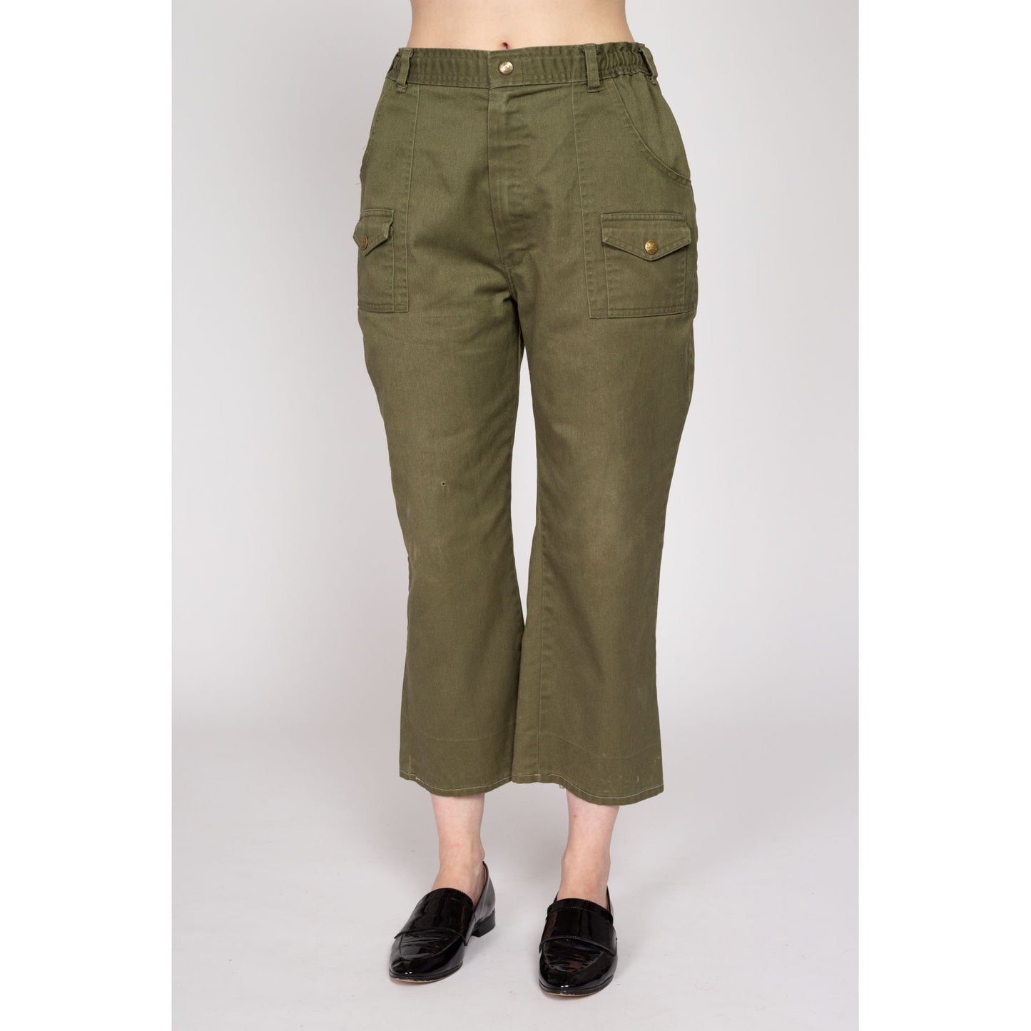 Medium 70s Boy Scout Uniform Pants 28"-31" | Vintage High Waisted Olive Green Utility Cargo Kick Flare Trousers