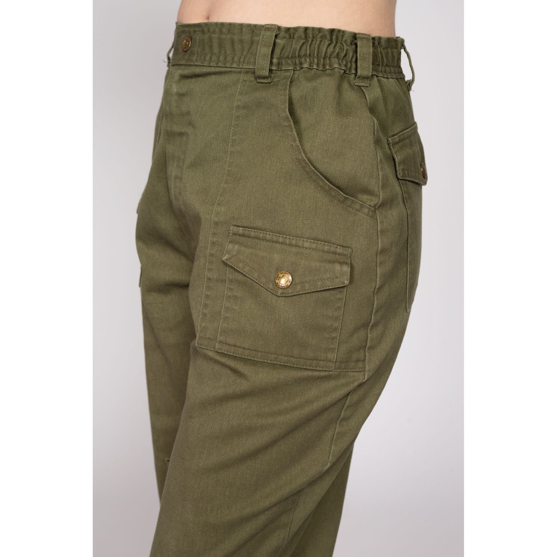 Medium 70s Boy Scout Uniform Pants 28"-31" | Vintage High Waisted Olive Green Utility Cargo Kick Flare Trousers
