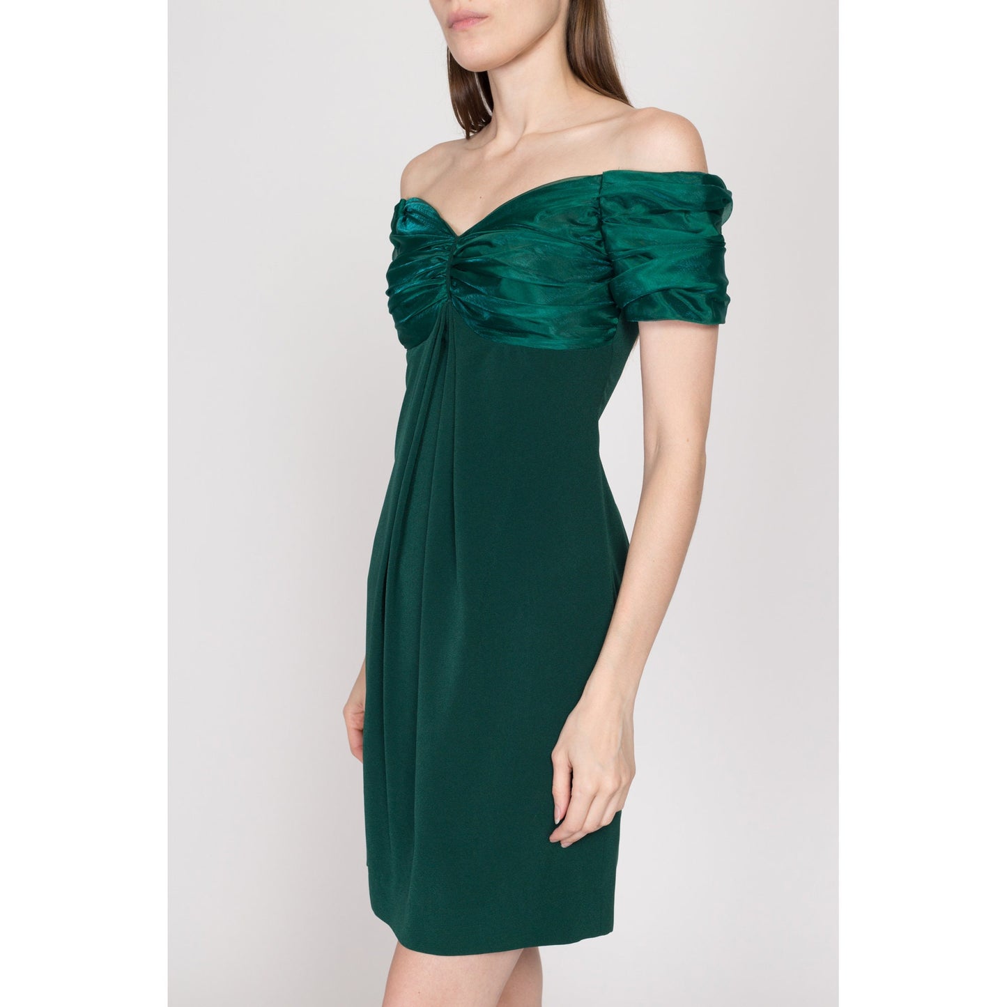XS 90s Emerald Green Off-Shoulder Party Dress | Vintage Janell Berté Formal Mini Cocktail Dress