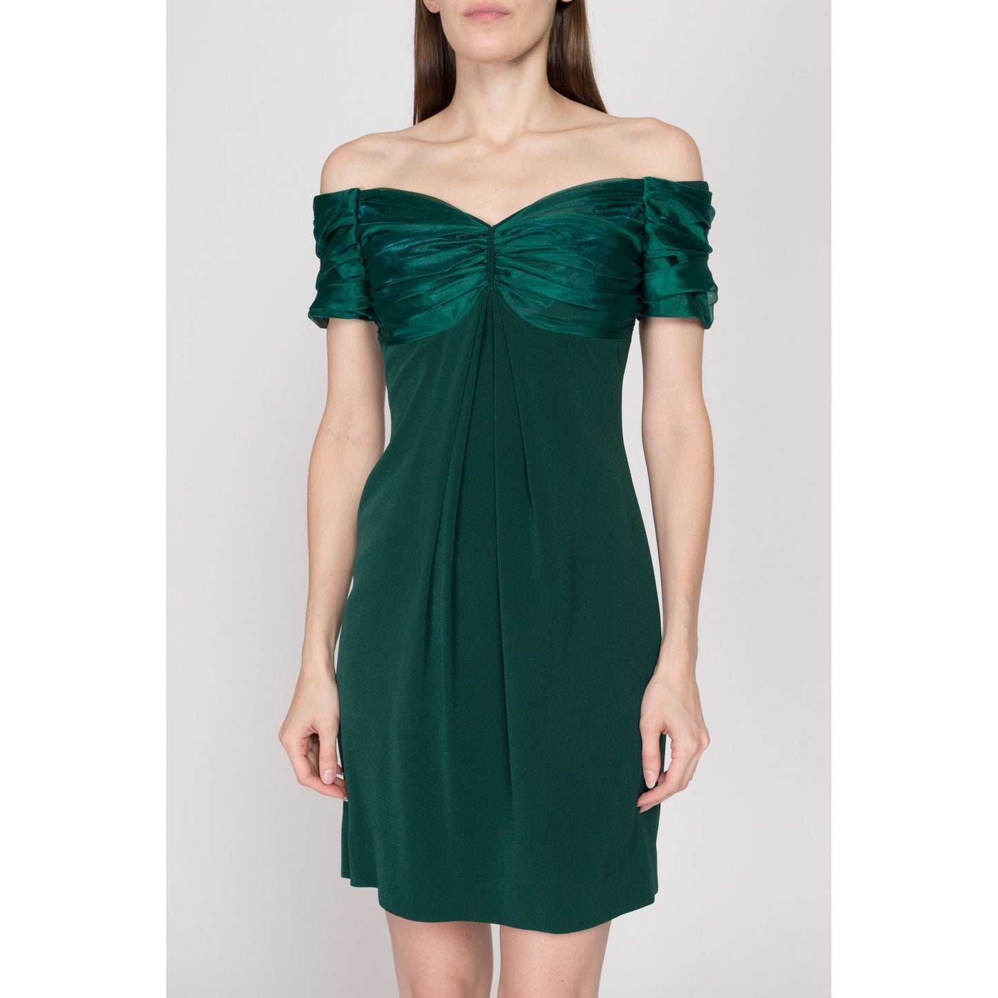 XS 90s Emerald Green Off-Shoulder Party Dress | Vintage Janell Berté Formal Mini Cocktail Dress