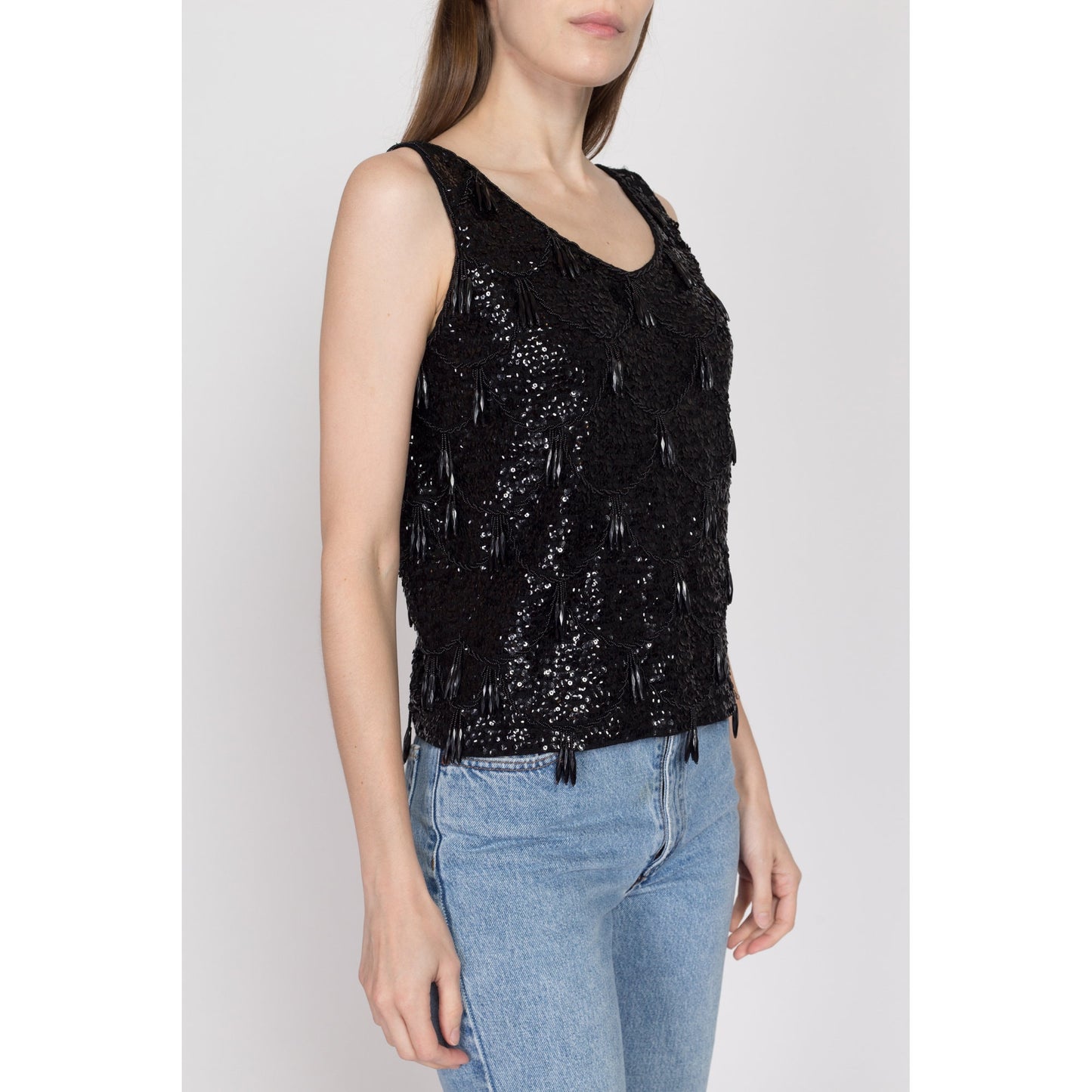 Sm-Med 1950s Black Beaded Tassel Top | Retro Vintage 50s 60s Glam Sequin Sleeveless Tank