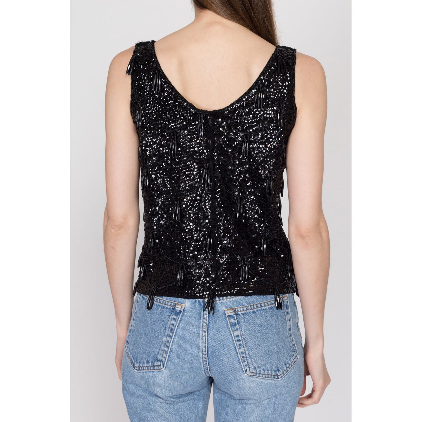 Sm-Med 1950s Black Beaded Tassel Top | Retro Vintage 50s 60s Glam Sequin Sleeveless Tank