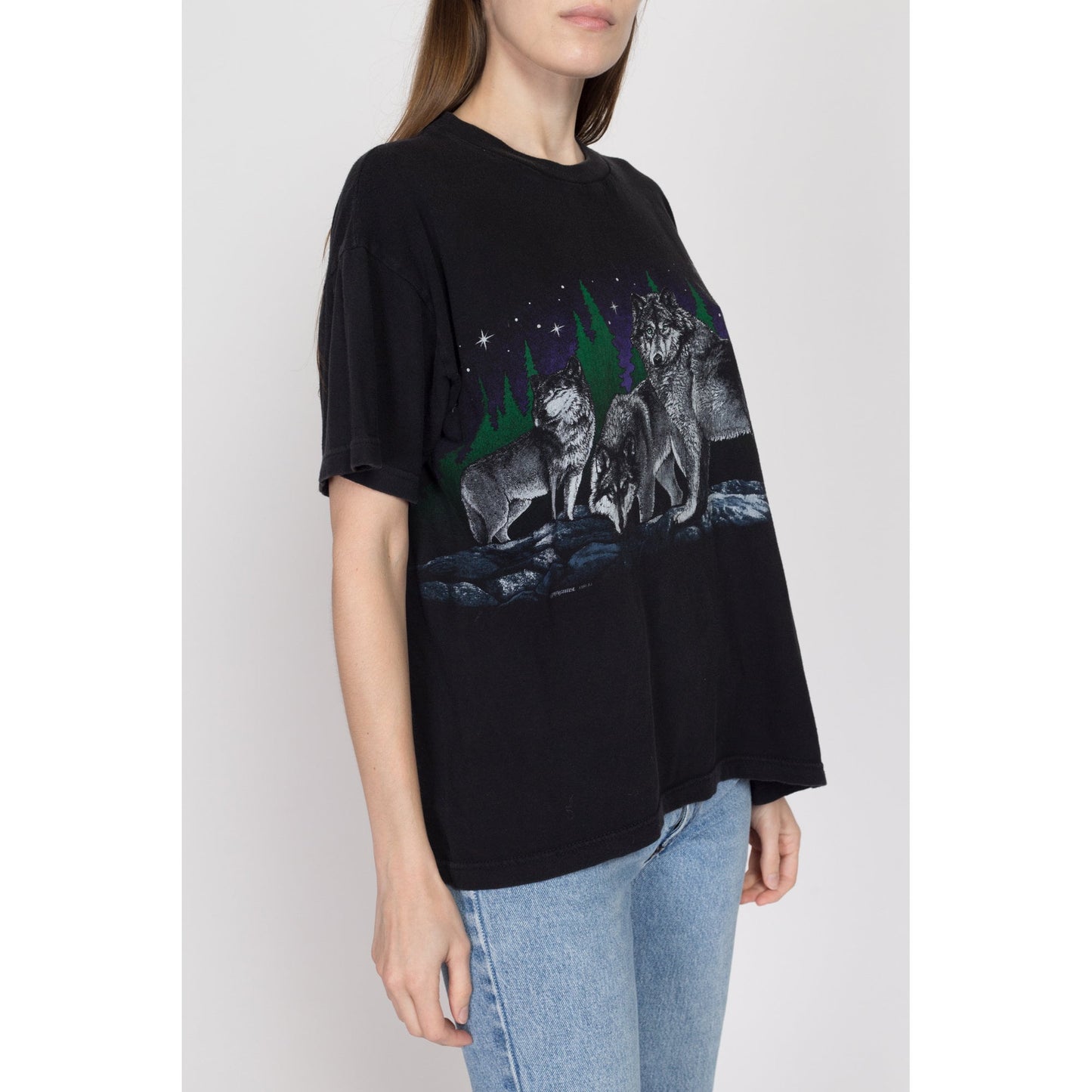 Large 90s Black Wolf T Shirt | Vintage Graphic Animal Wildlife Print Tee