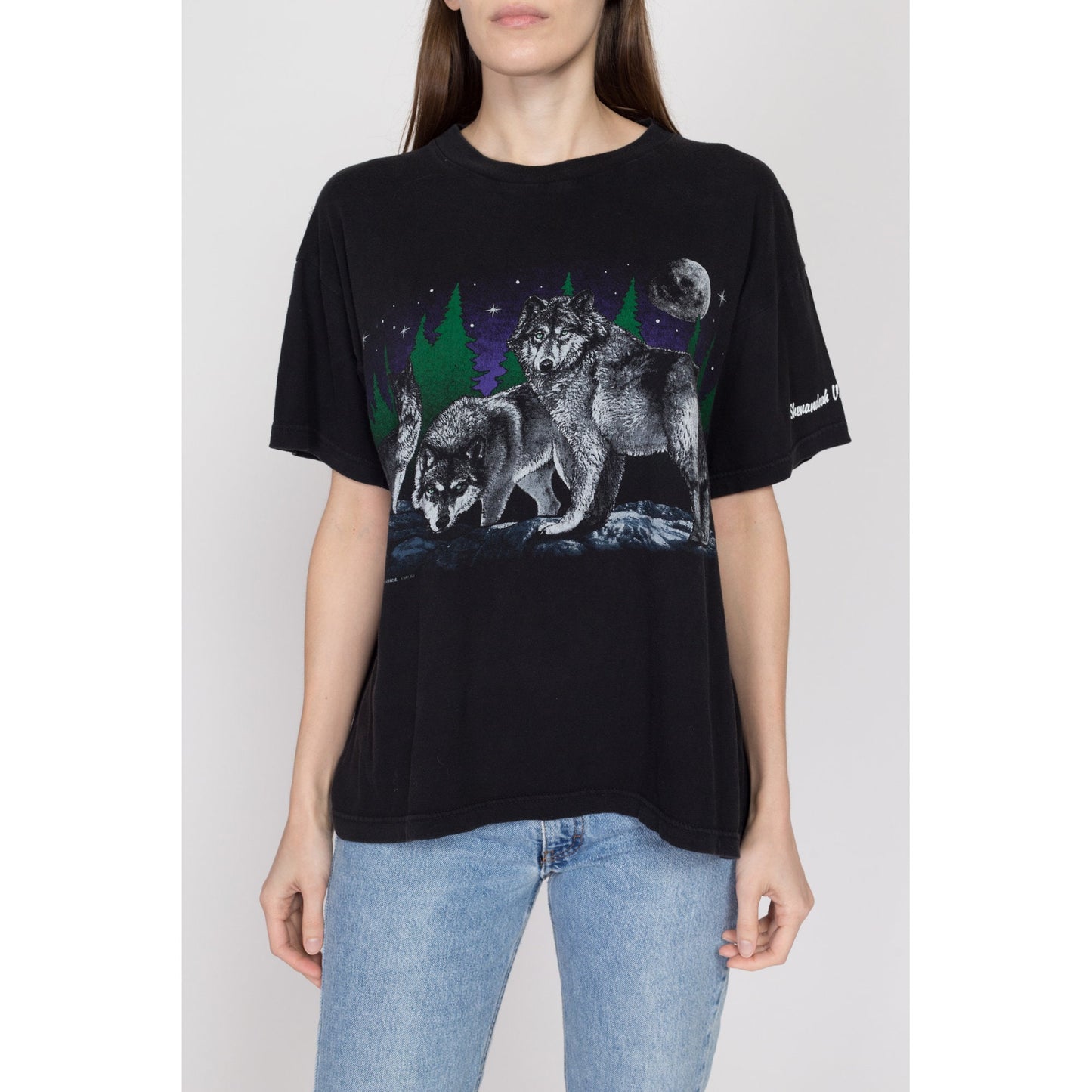 Large 90s Black Wolf T Shirt | Vintage Graphic Animal Wildlife Print Tee