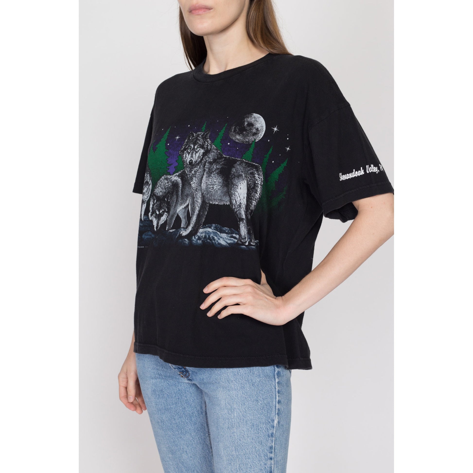 Large 90s Black Wolf T Shirt | Vintage Graphic Animal Wildlife Print Tee