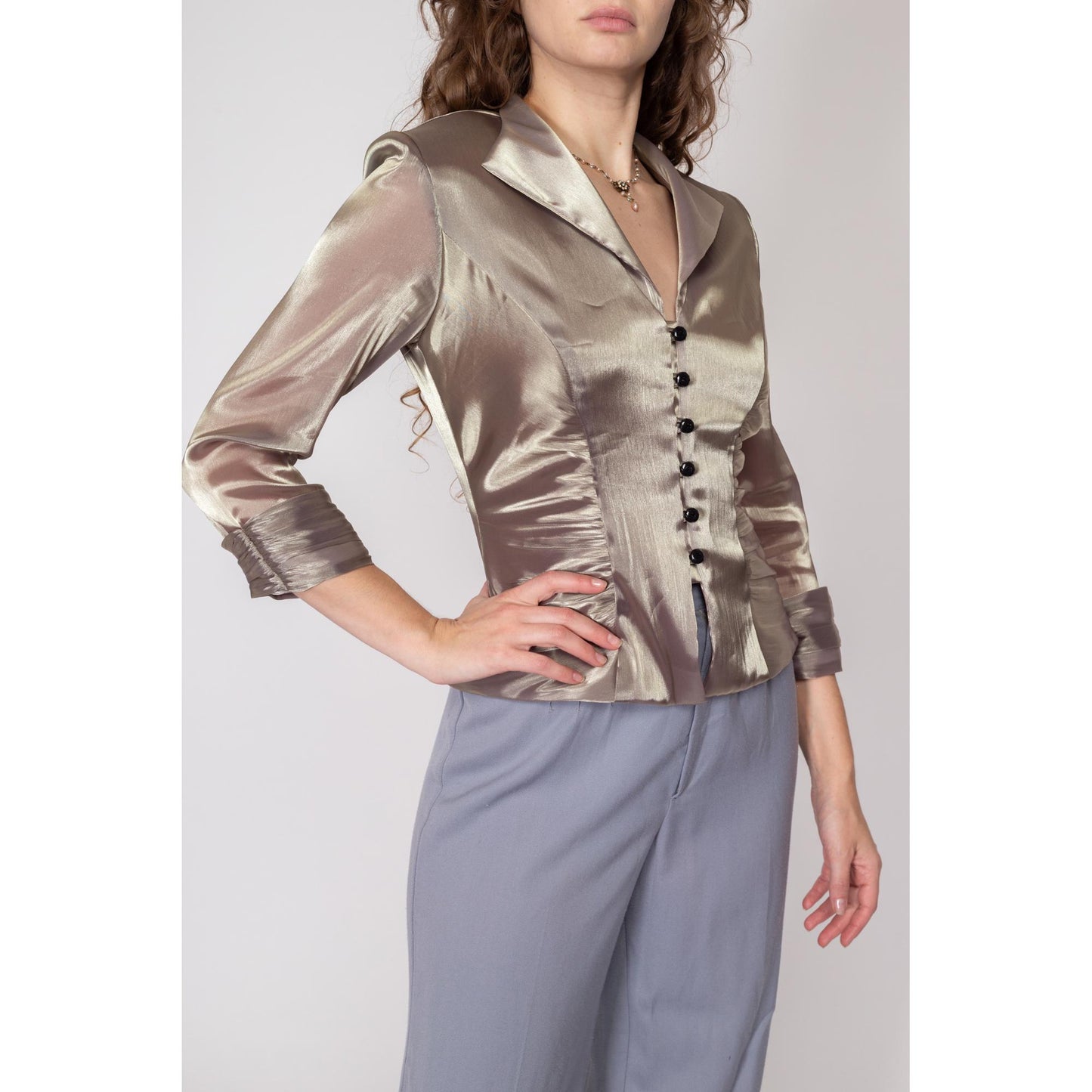 Small 90s Taupe Satin Sheer Sleeve Blouse | Vintage Ruched Button Up Formal Collared Shirt