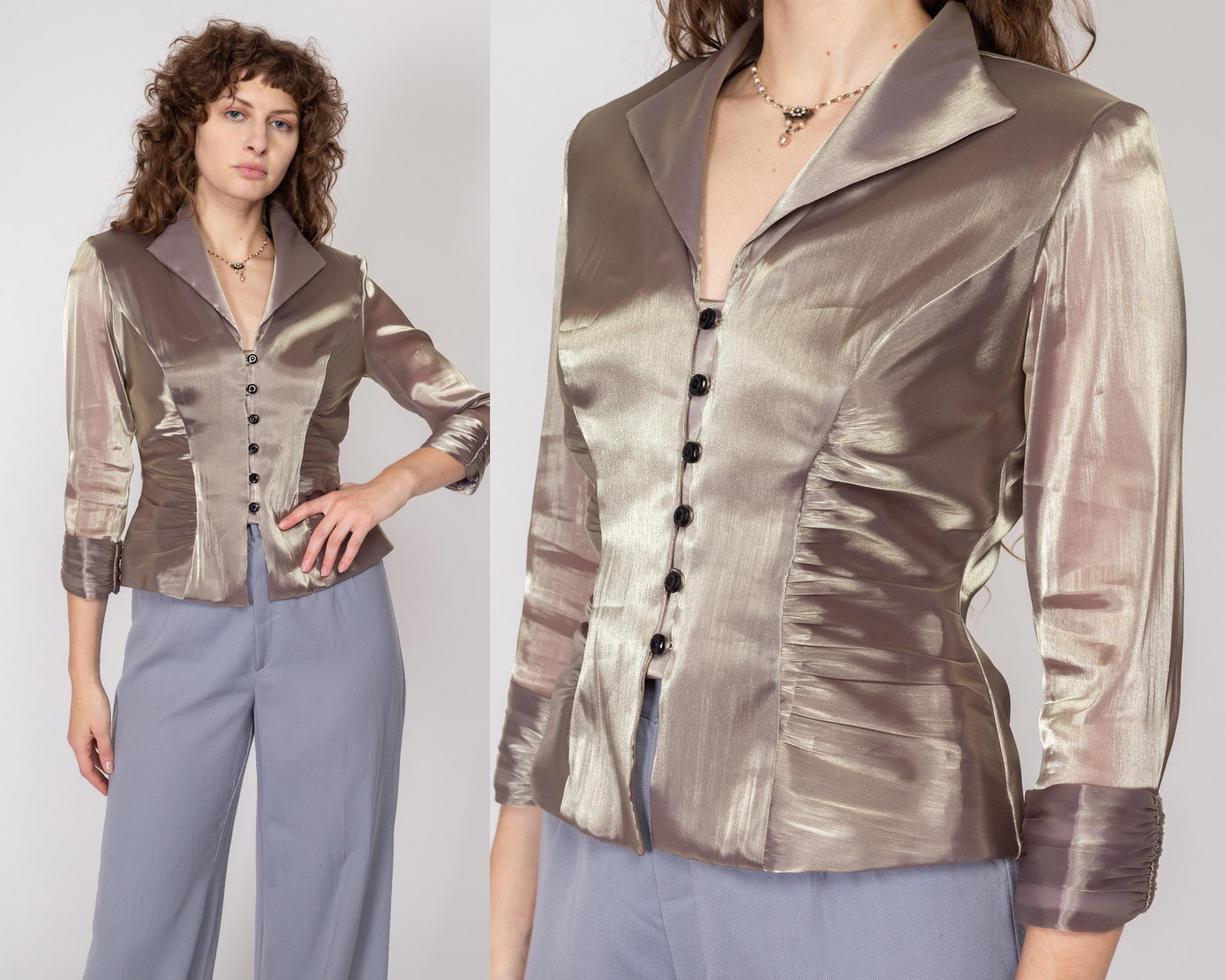 Small 90s Taupe Satin Sheer Sleeve Blouse | Vintage Ruched Button Up Formal Collared Shirt