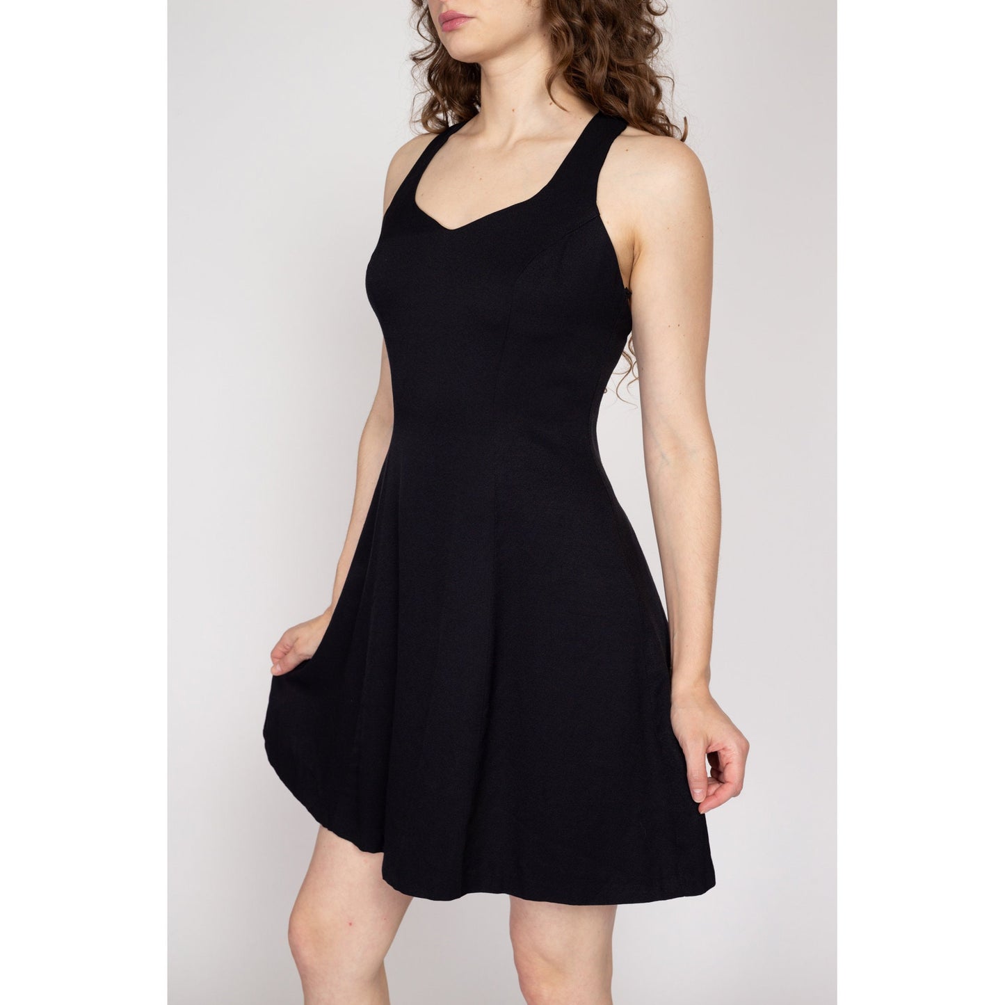 Small 90s Black Strappy Cross Back Mini Dress | Vintage Fit Flare Party Dress