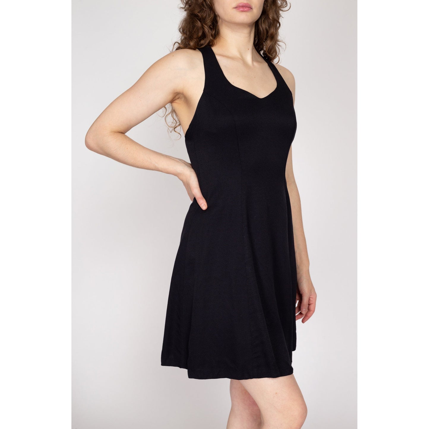Small 90s Black Strappy Cross Back Mini Dress | Vintage Fit Flare Party Dress