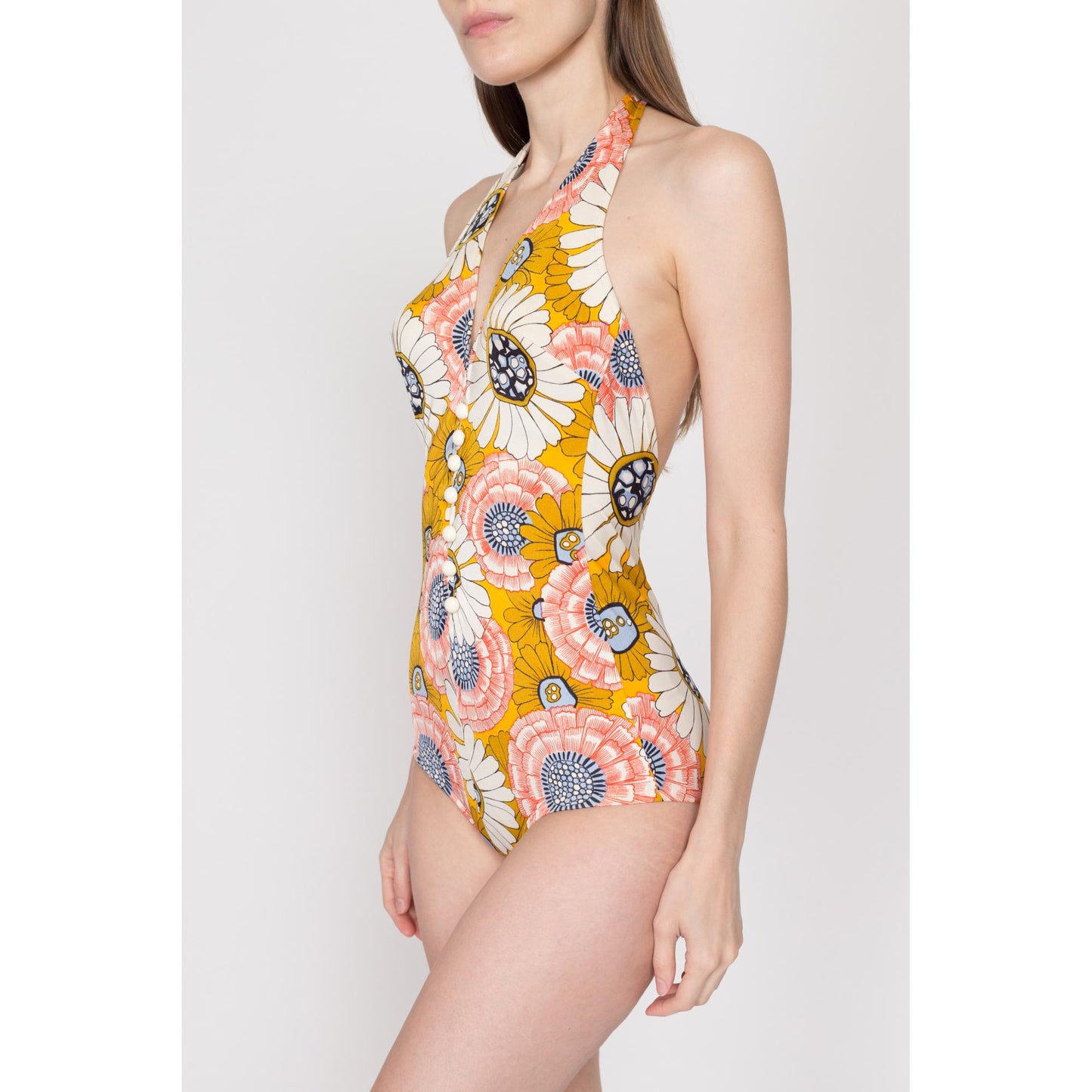 Small 60s 70s Cole Of California Floral One Piece Swimsuit | Vintage Low Back Halter Neck Bathing Suit