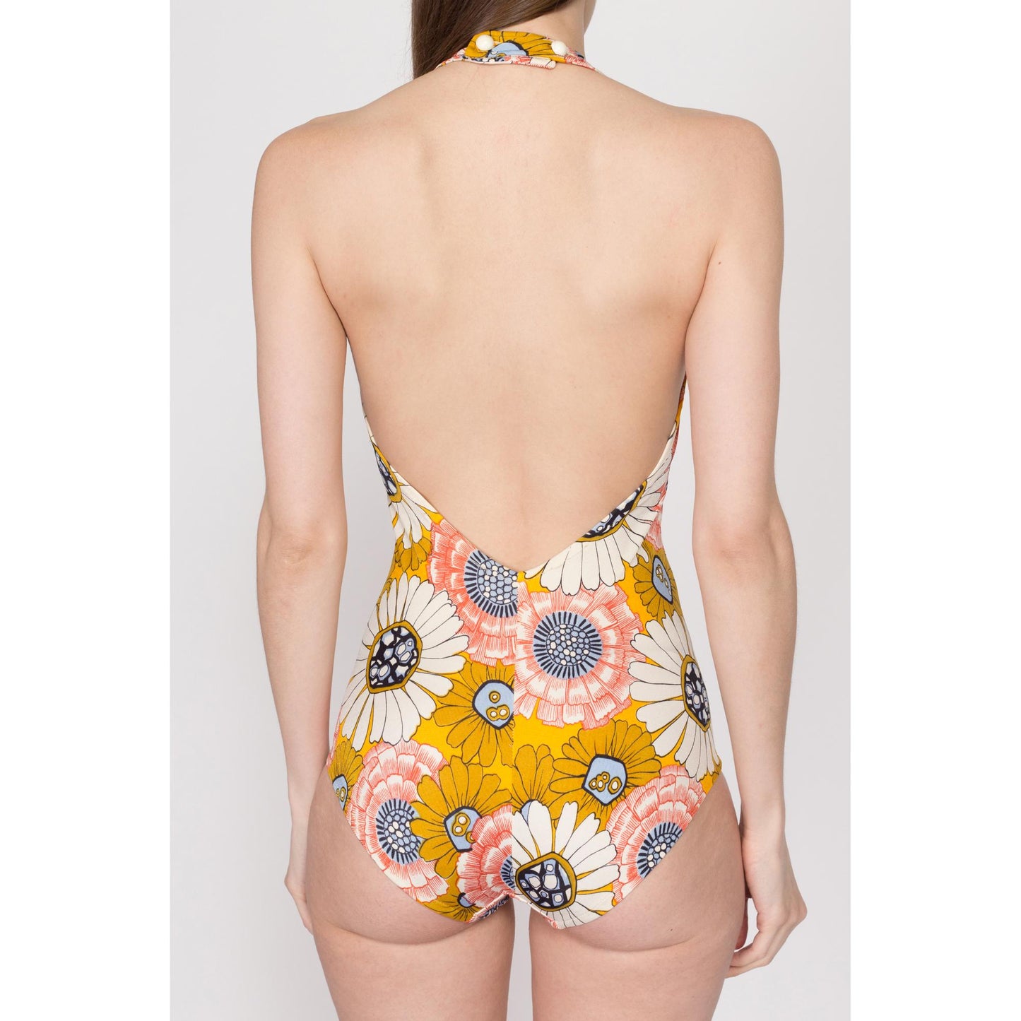 Small 60s 70s Cole Of California Floral One Piece Swimsuit | Vintage Low Back Halter Neck Bathing Suit